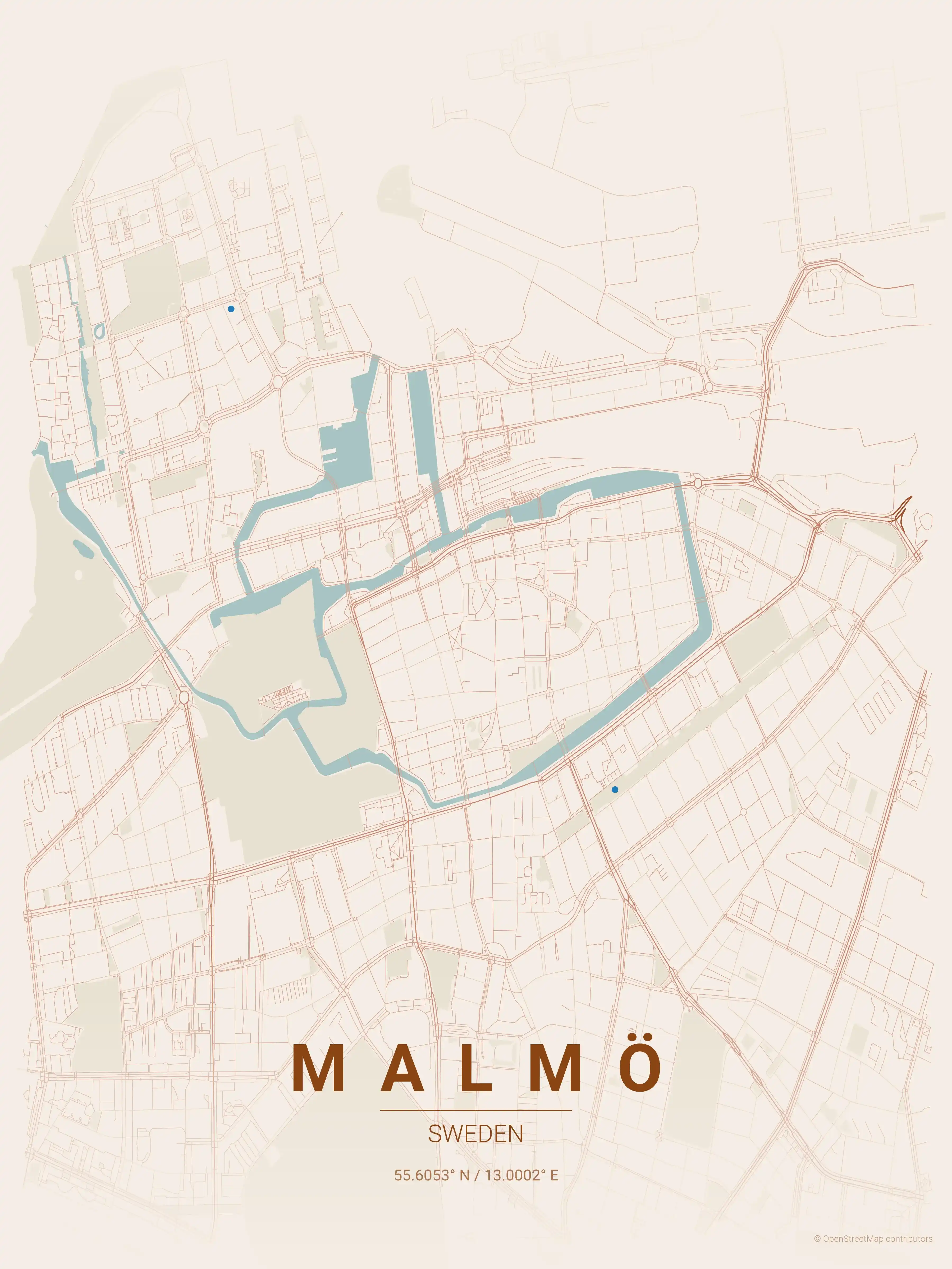 Minimalist terracotta street map of Malmö, Sweden - Urban grid art