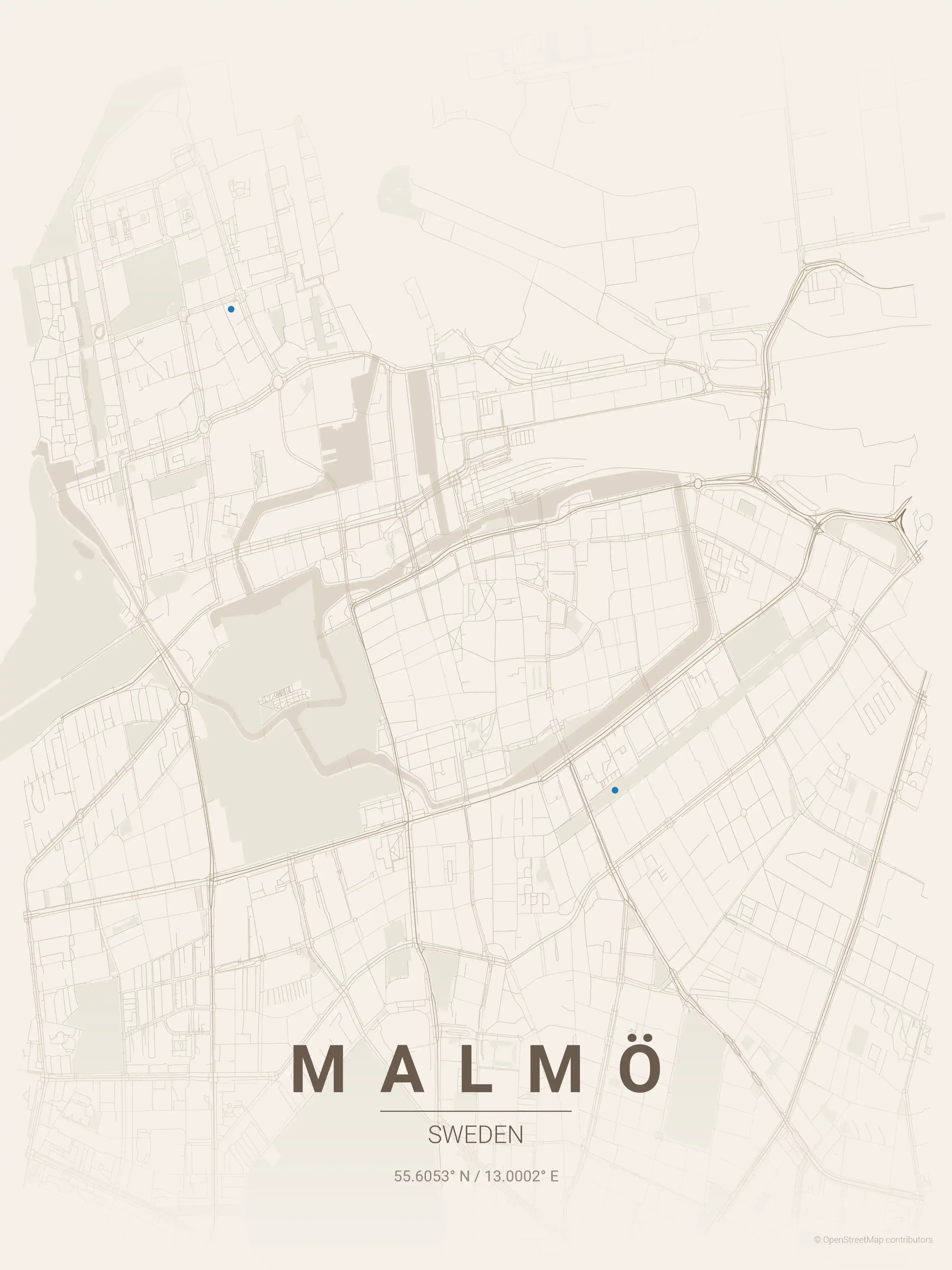 Minimalist warm_beige street map of Malmö, Sweden - Urban grid art
