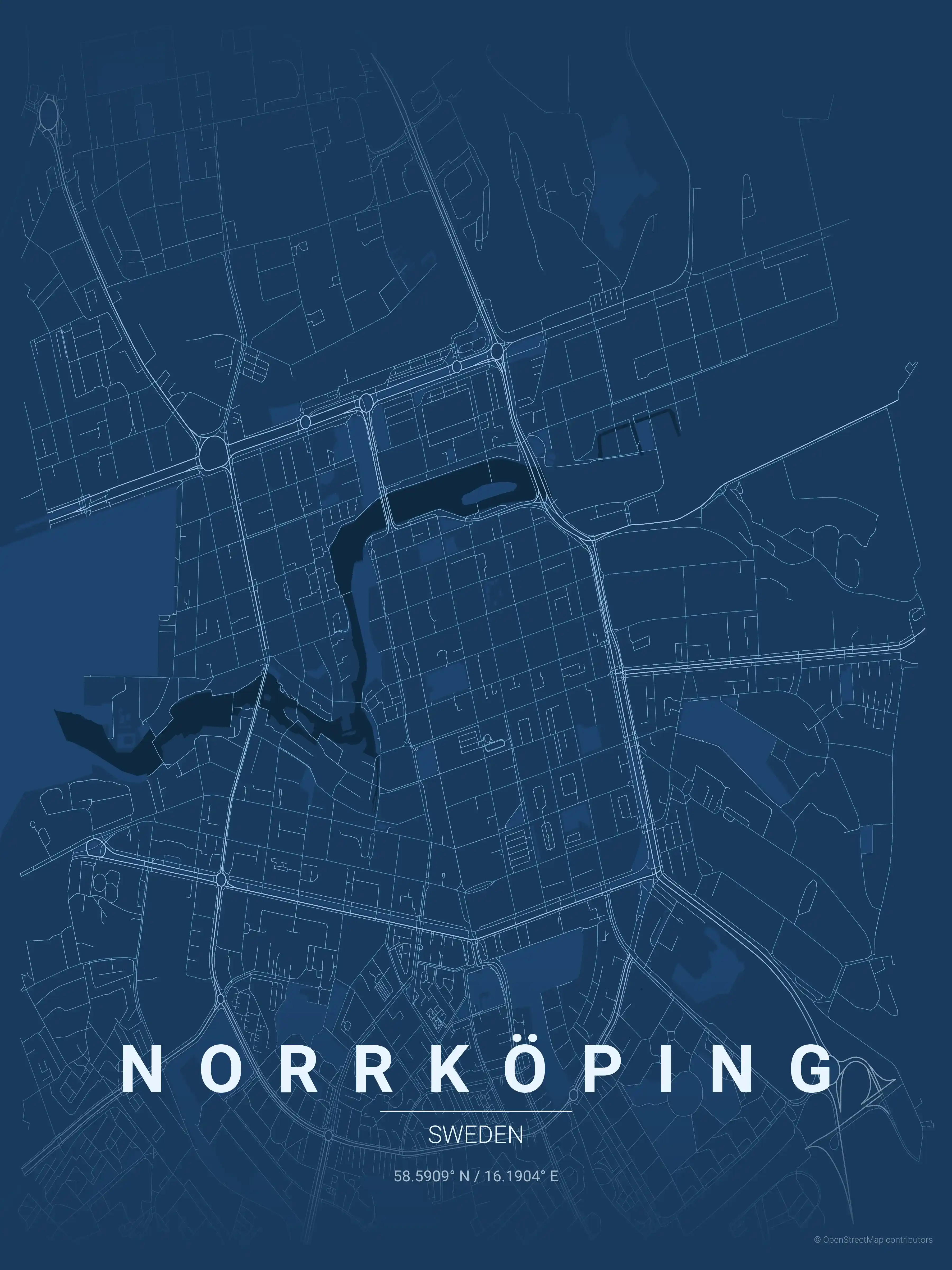 Minimalist blueprint street map of Norrköping, Sweden - Urban grid art