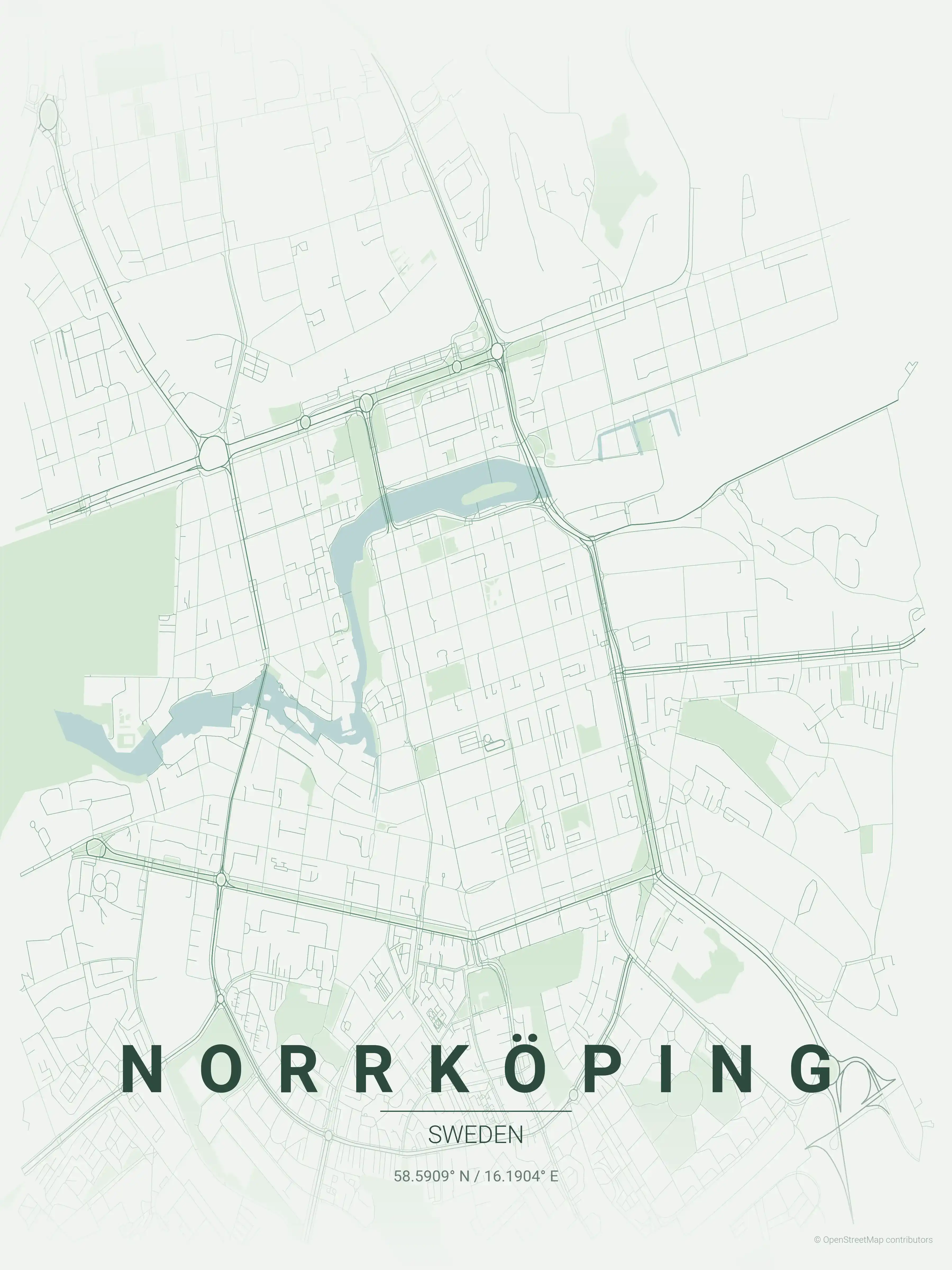 Minimalist forest street map of Norrköping, Sweden - Urban grid art