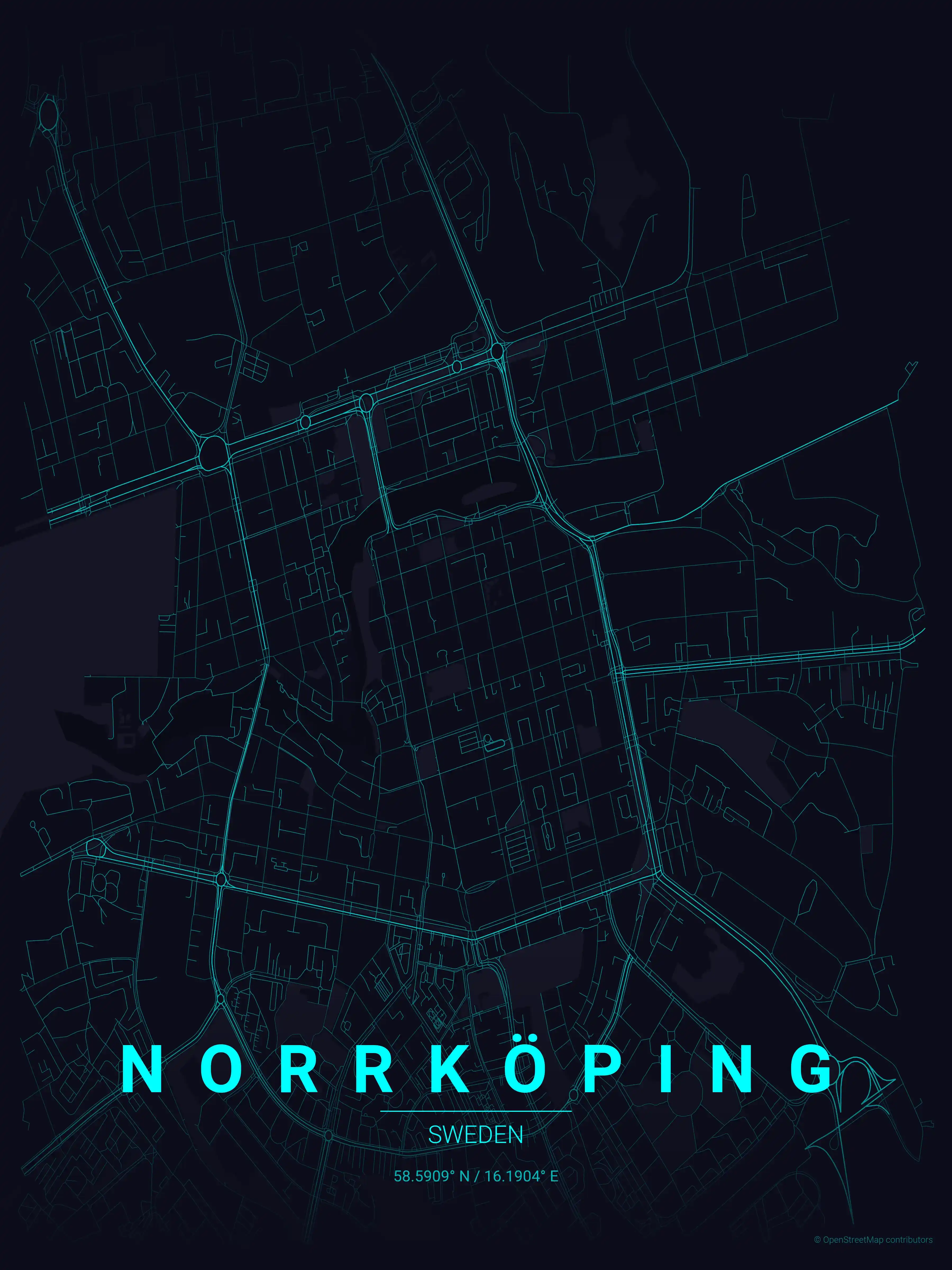 Minimalist neon_cyberpunk street map of Norrköping, Sweden - Urban grid art