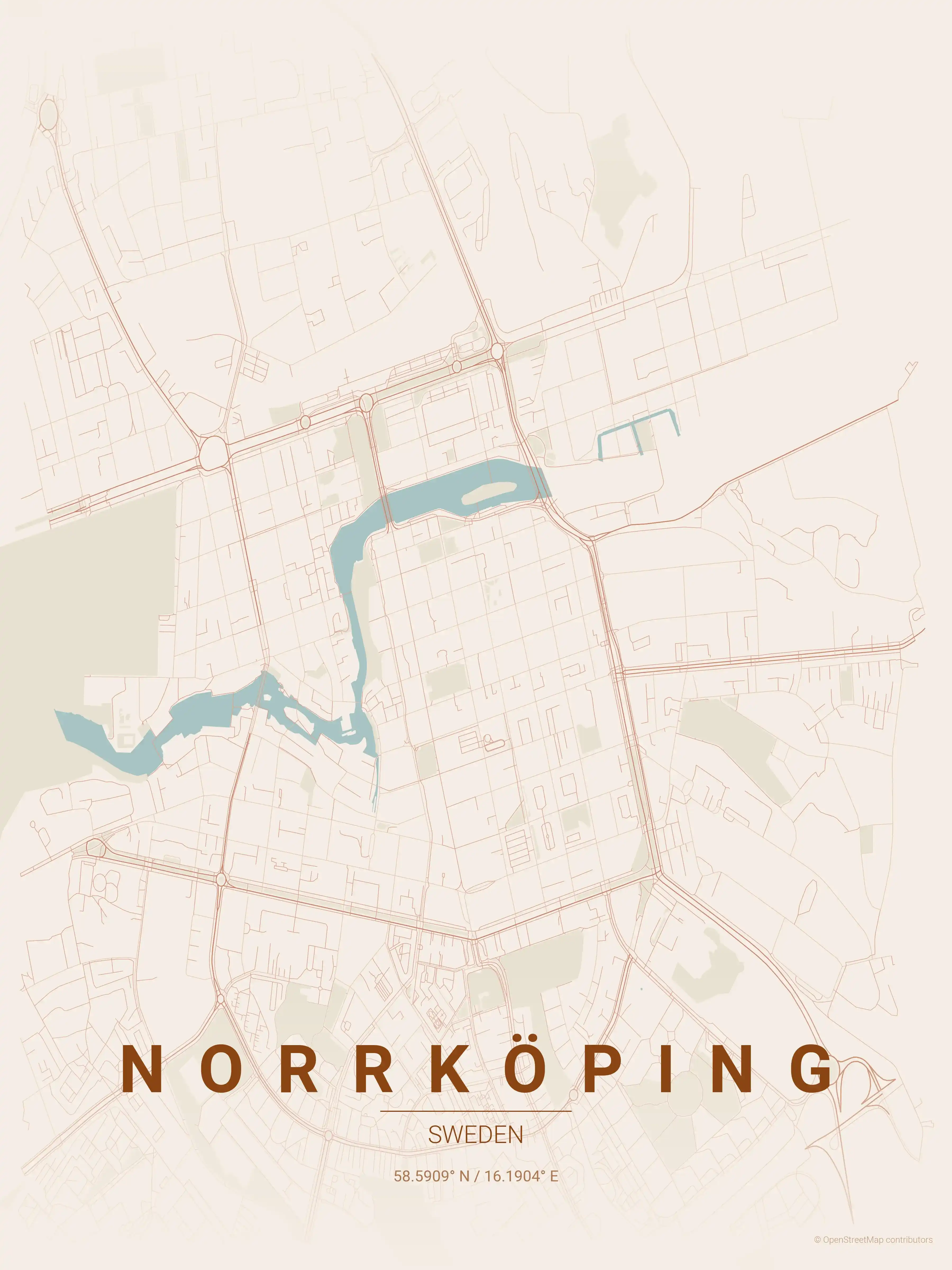 Minimalist terracotta street map of Norrköping, Sweden - Urban grid art