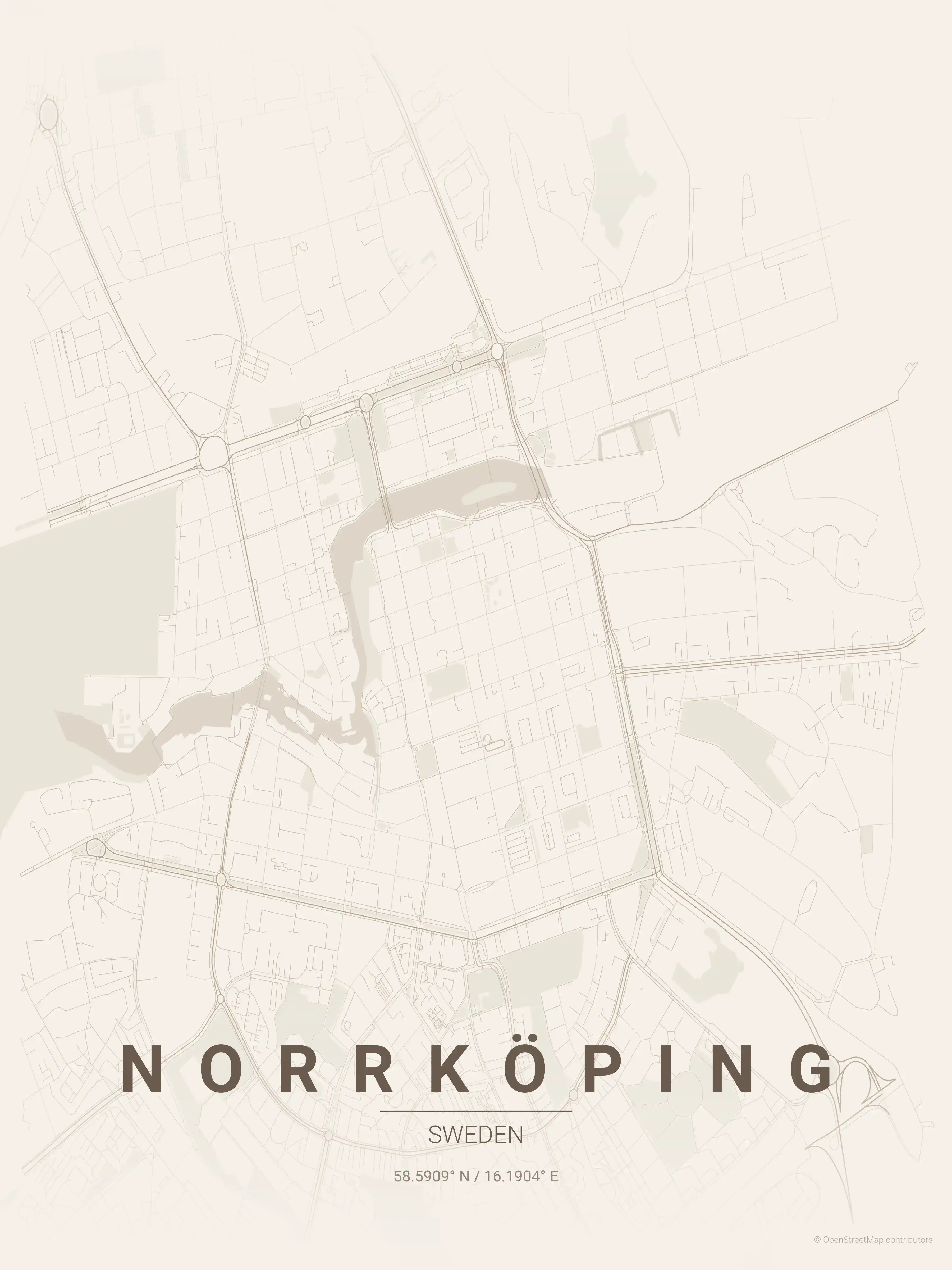 Minimalist warm_beige street map of Norrköping, Sweden - Urban grid art