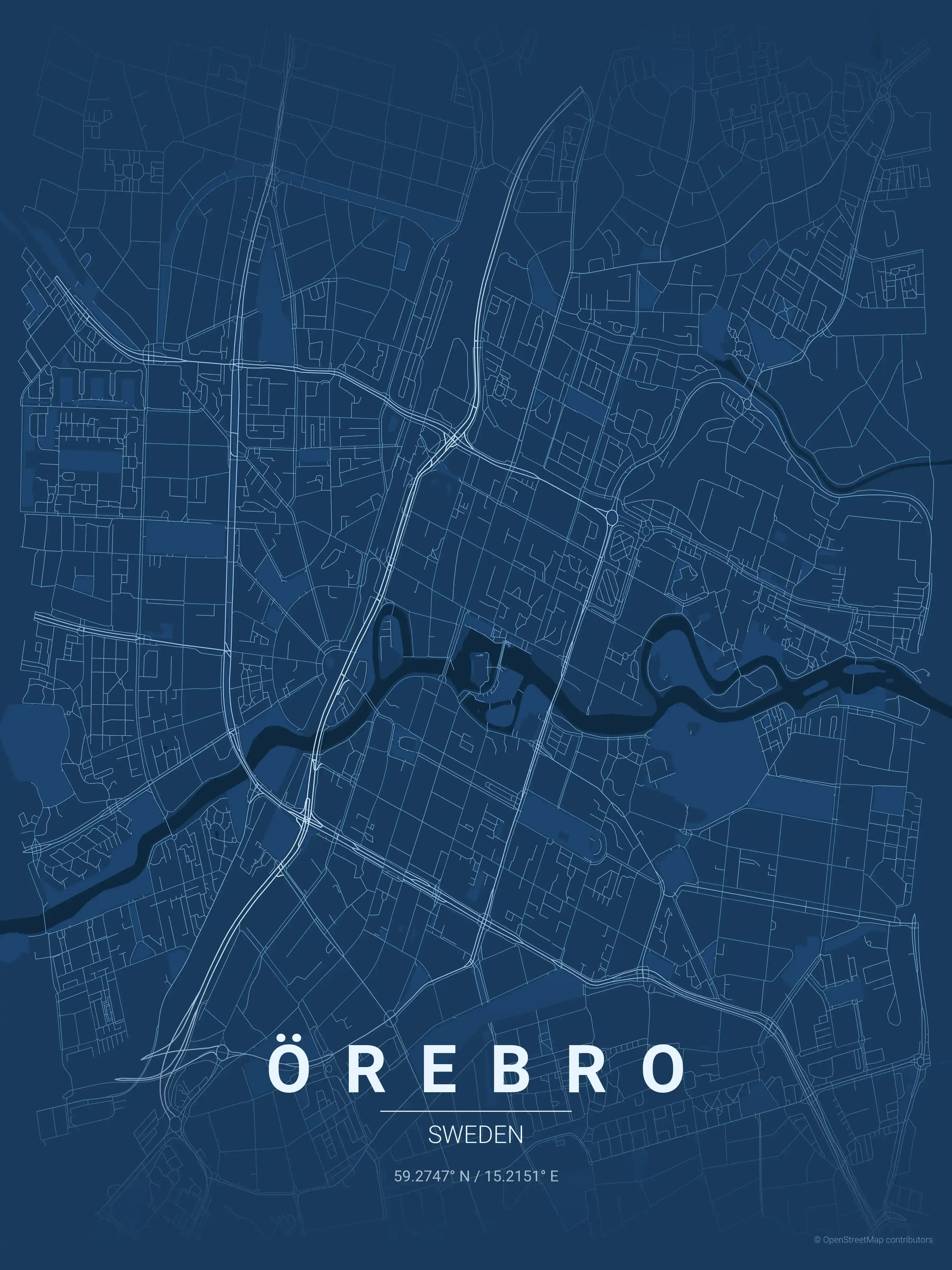 Minimalist blueprint street map of Örebro, Sweden - Urban grid art