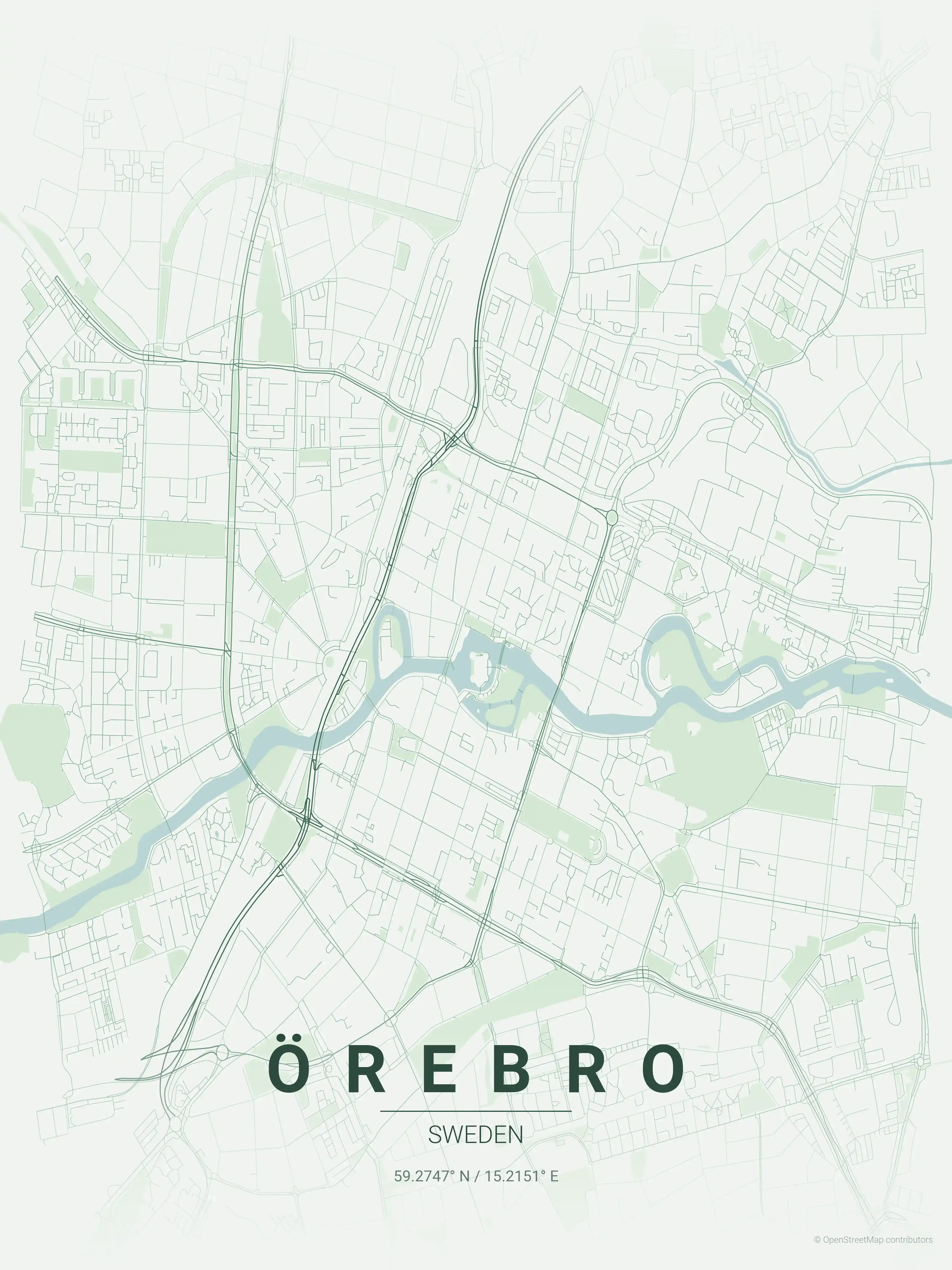 Minimalist forest street map of Örebro, Sweden - Urban grid art