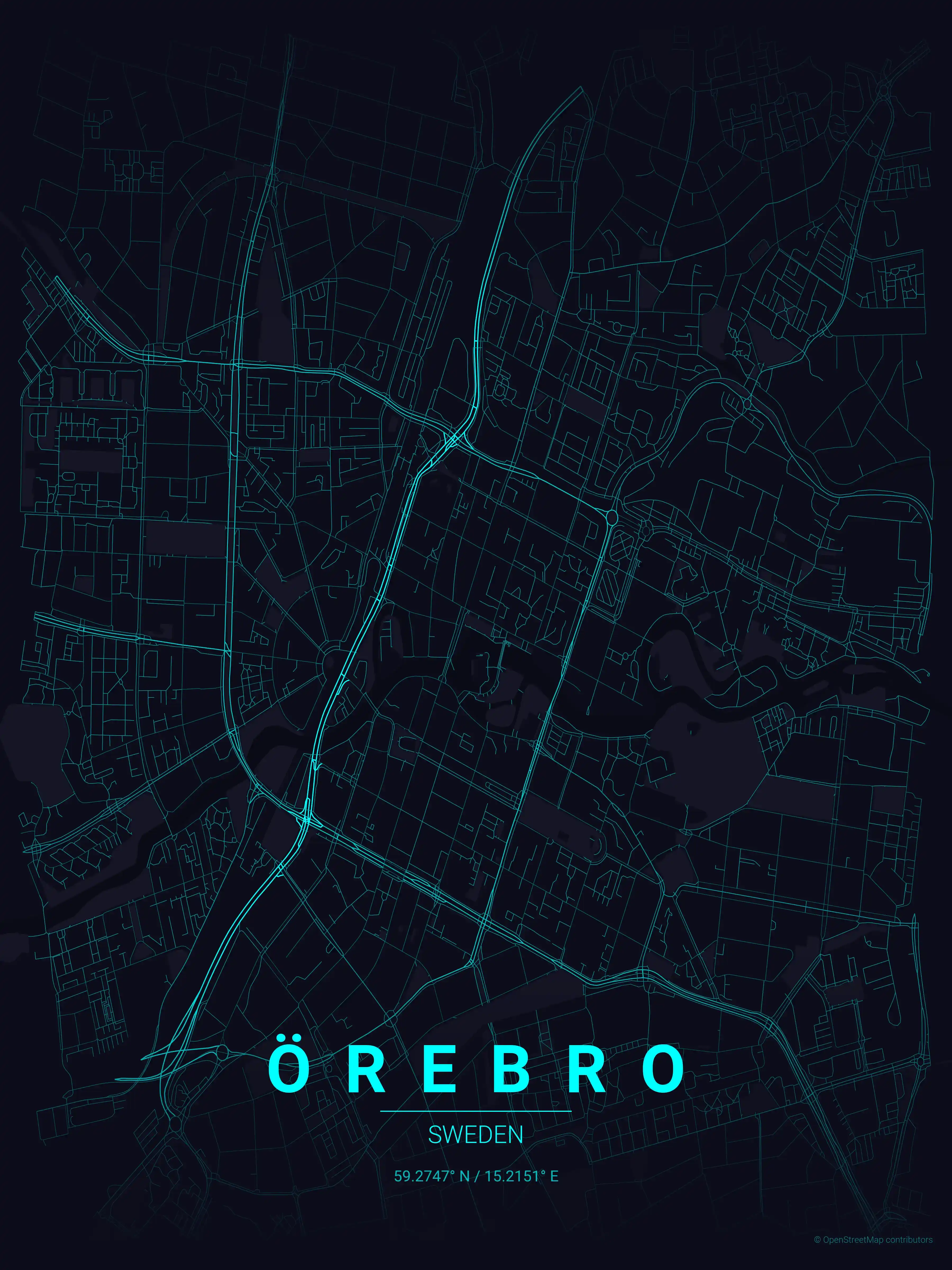 Minimalist neon_cyberpunk street map of Örebro, Sweden - Urban grid art
