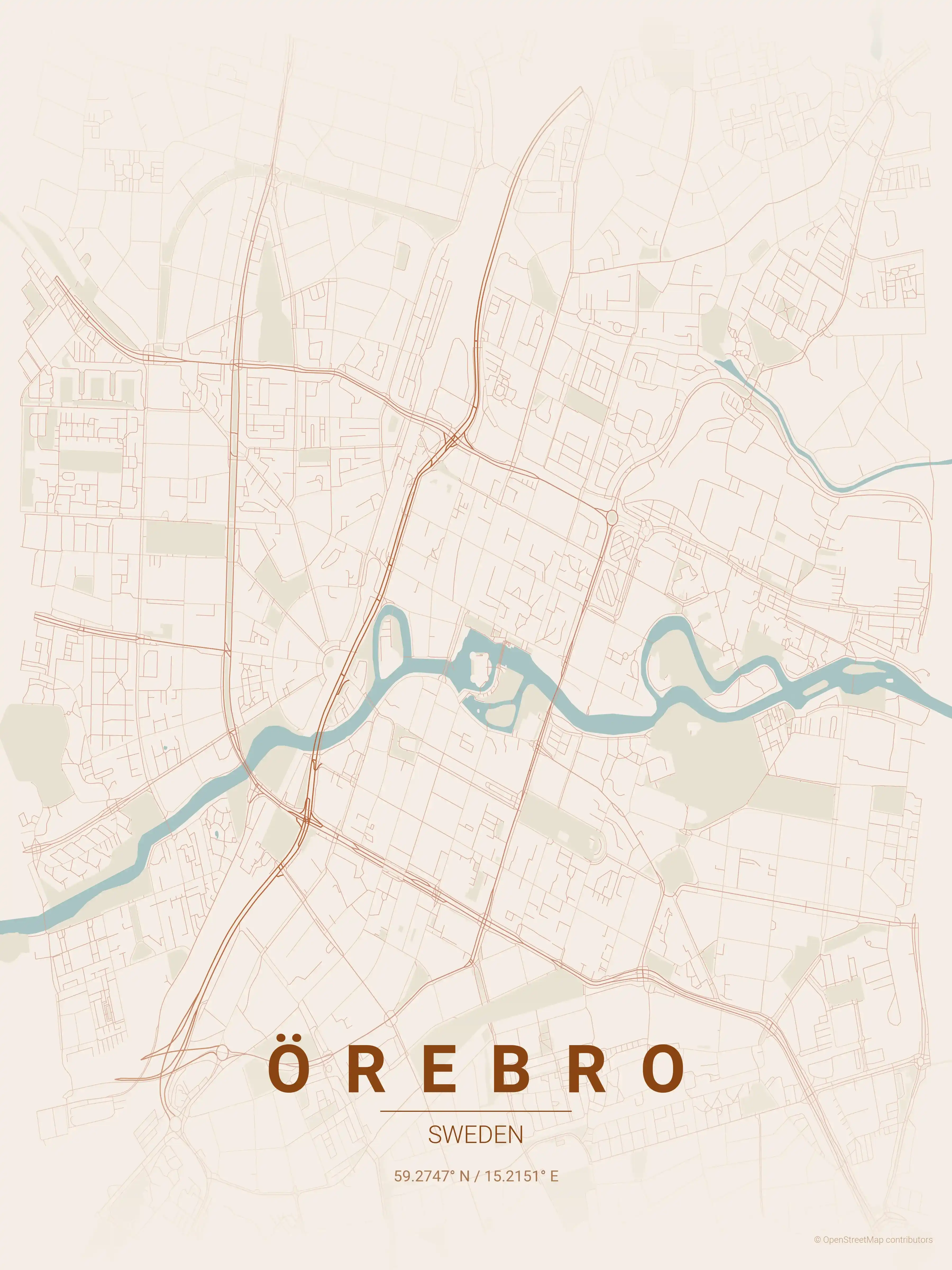 Minimalist terracotta street map of Örebro, Sweden - Urban grid art