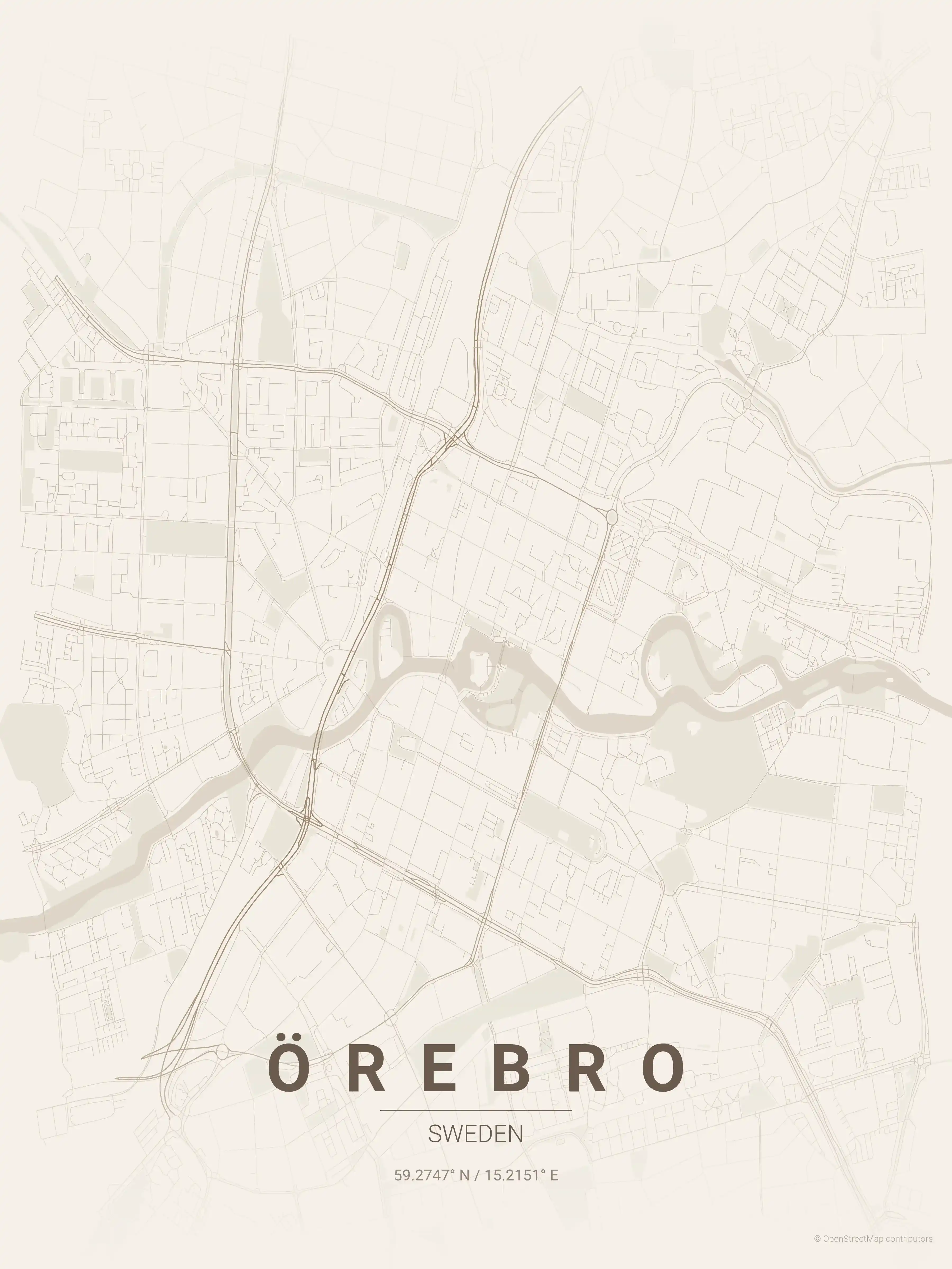 Minimalist warm_beige street map of Örebro, Sweden - Urban grid art