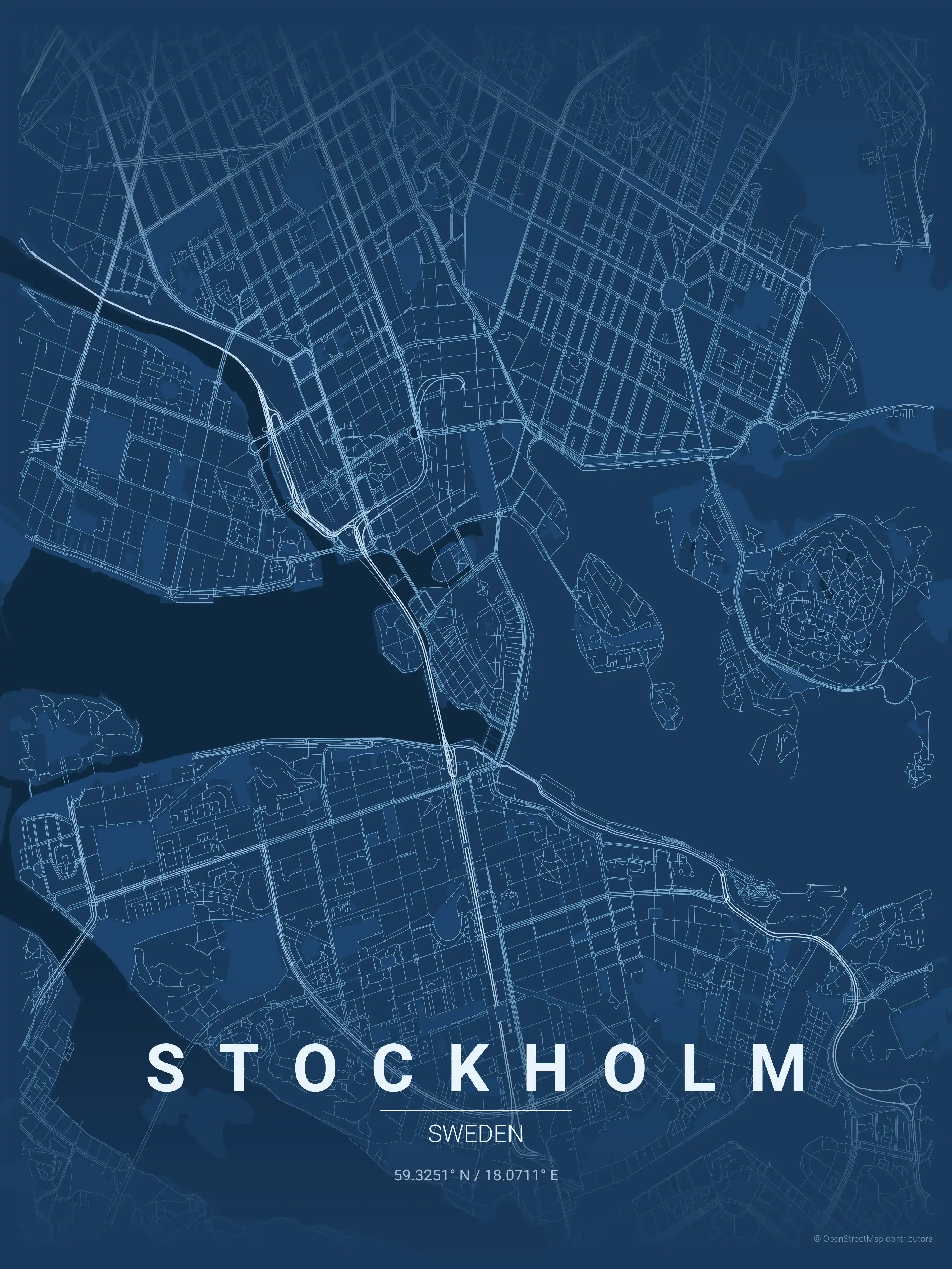 Minimalist blueprint street map of Stockholm, Sweden - Urban grid art