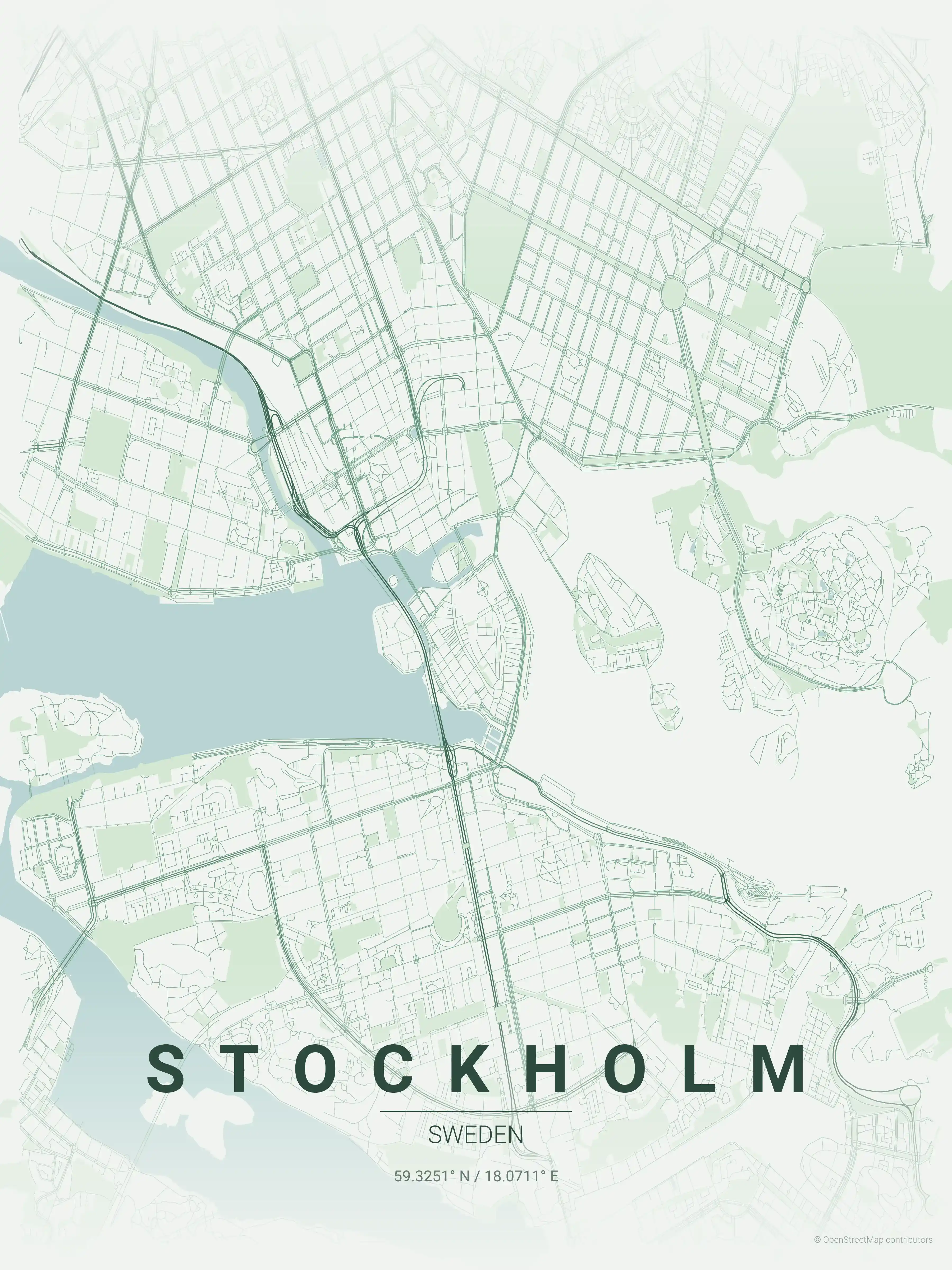 Minimalist forest street map of Stockholm, Sweden - Urban grid art