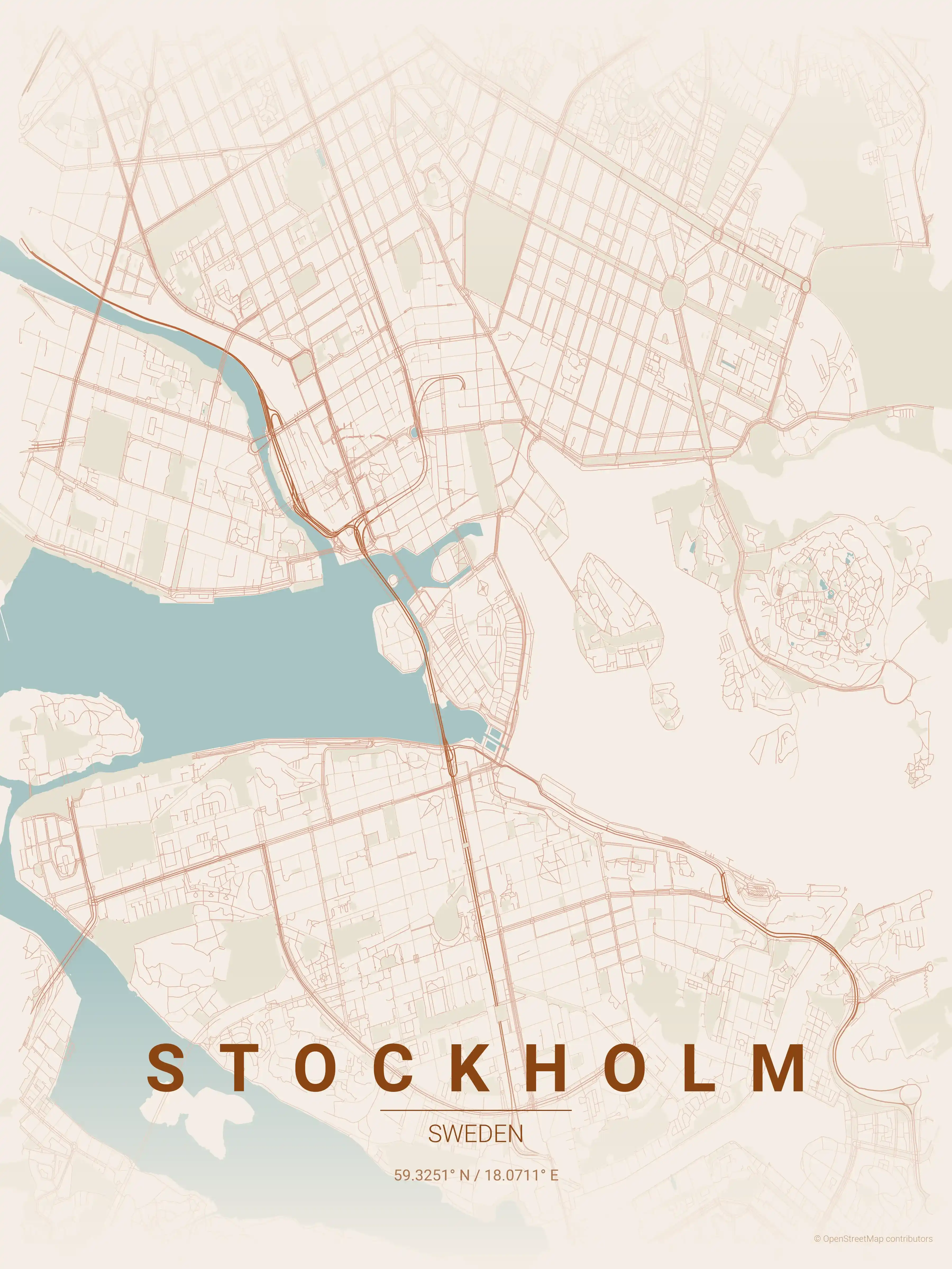 Minimalist terracotta street map of Stockholm, Sweden - Urban grid art