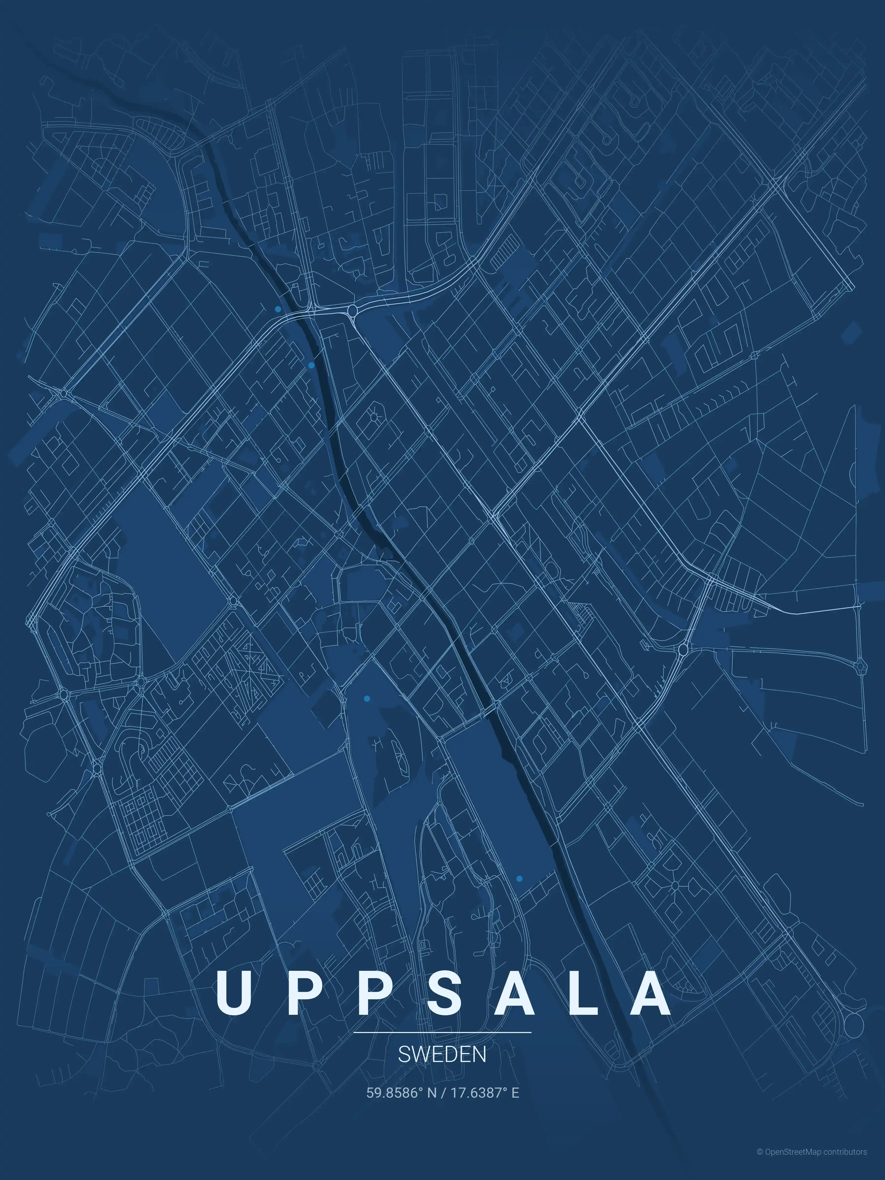 Minimalist blueprint street map of Uppsala, Sweden - Urban grid art