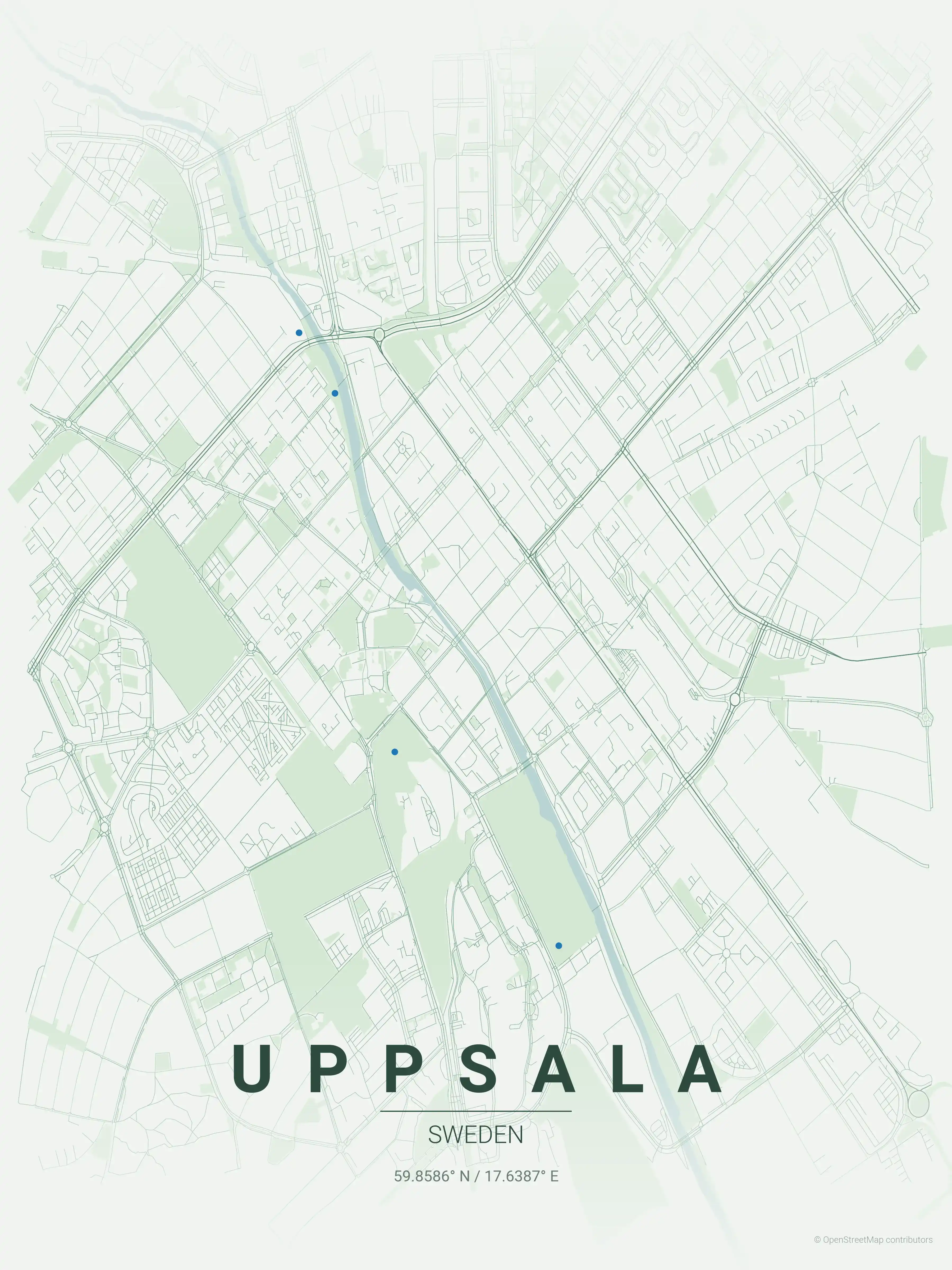 Minimalist forest street map of Uppsala, Sweden - Urban grid art