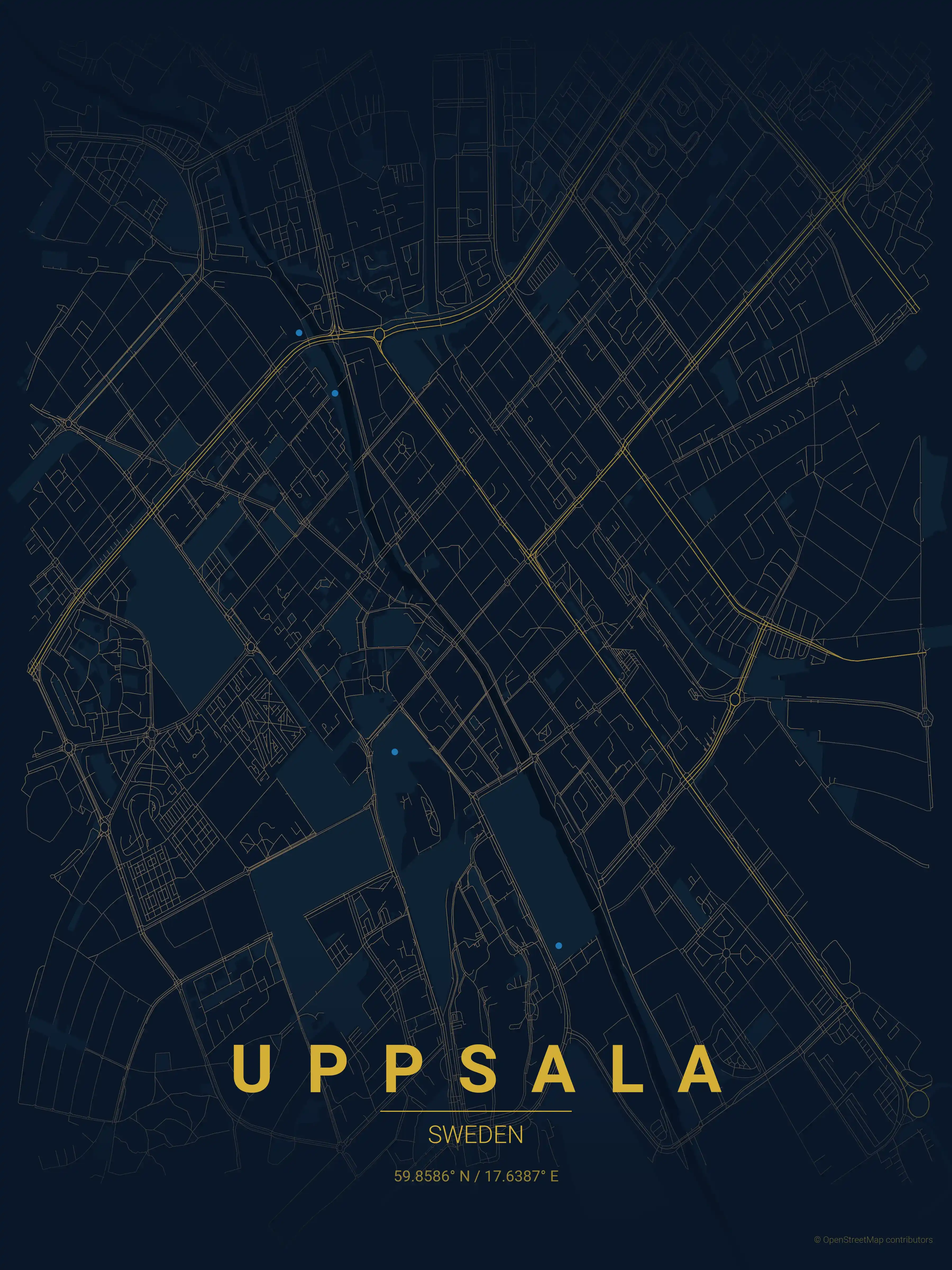 Minimalist midnight_blue street map of Uppsala, Sweden - Urban grid art