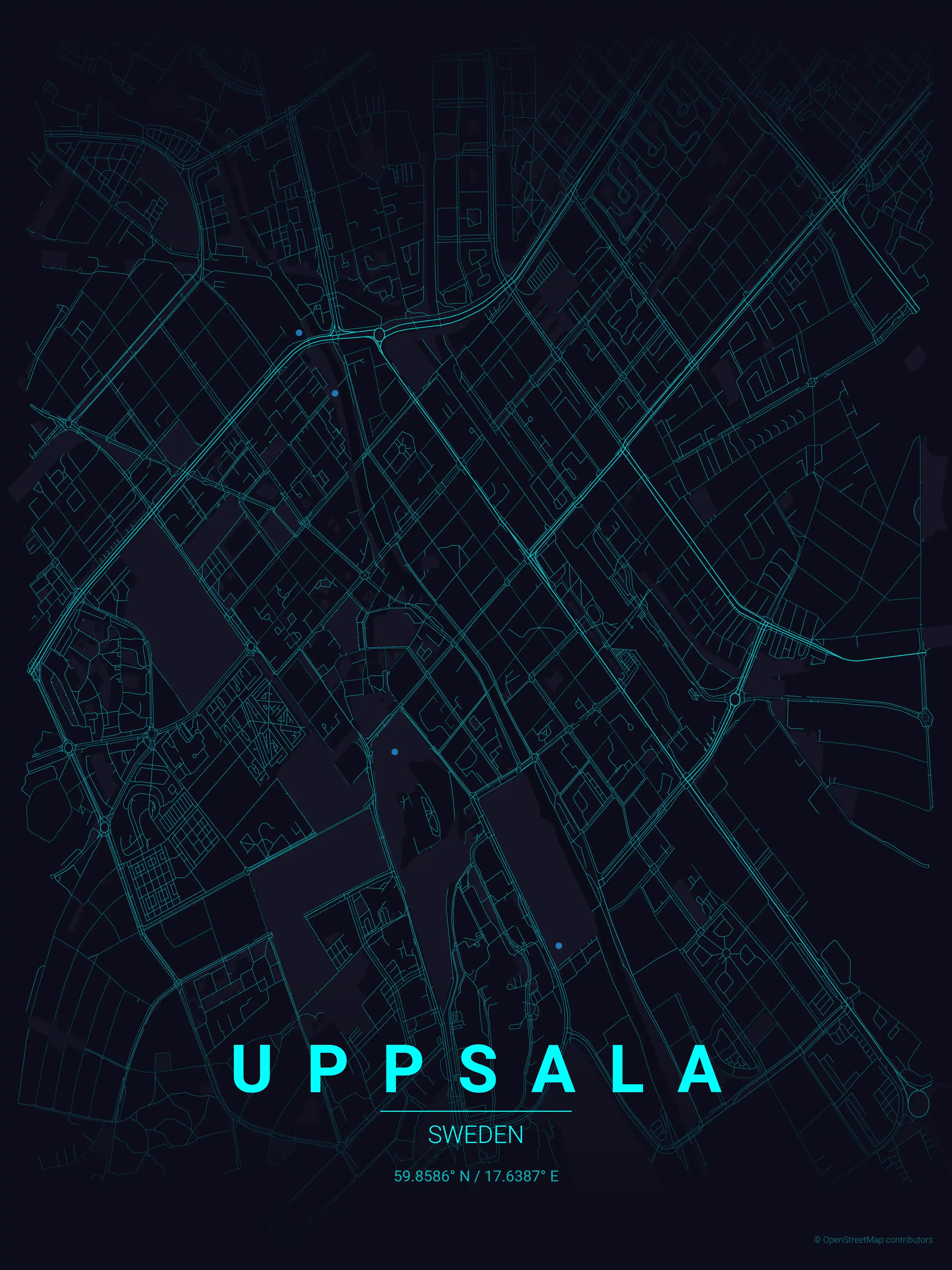 Minimalist neon_cyberpunk street map of Uppsala, Sweden - Urban grid art