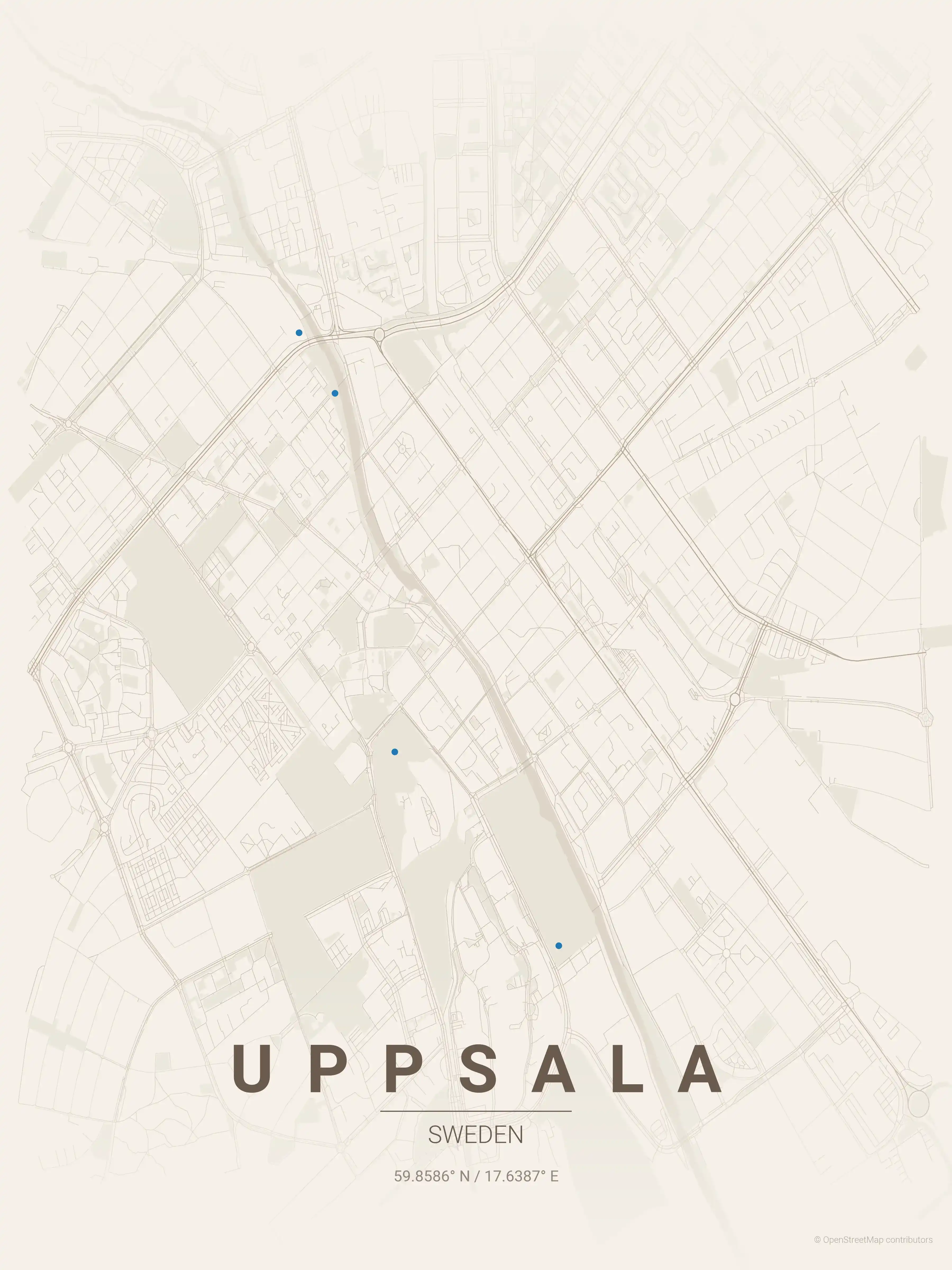 Minimalist warm_beige street map of Uppsala, Sweden - Urban grid art