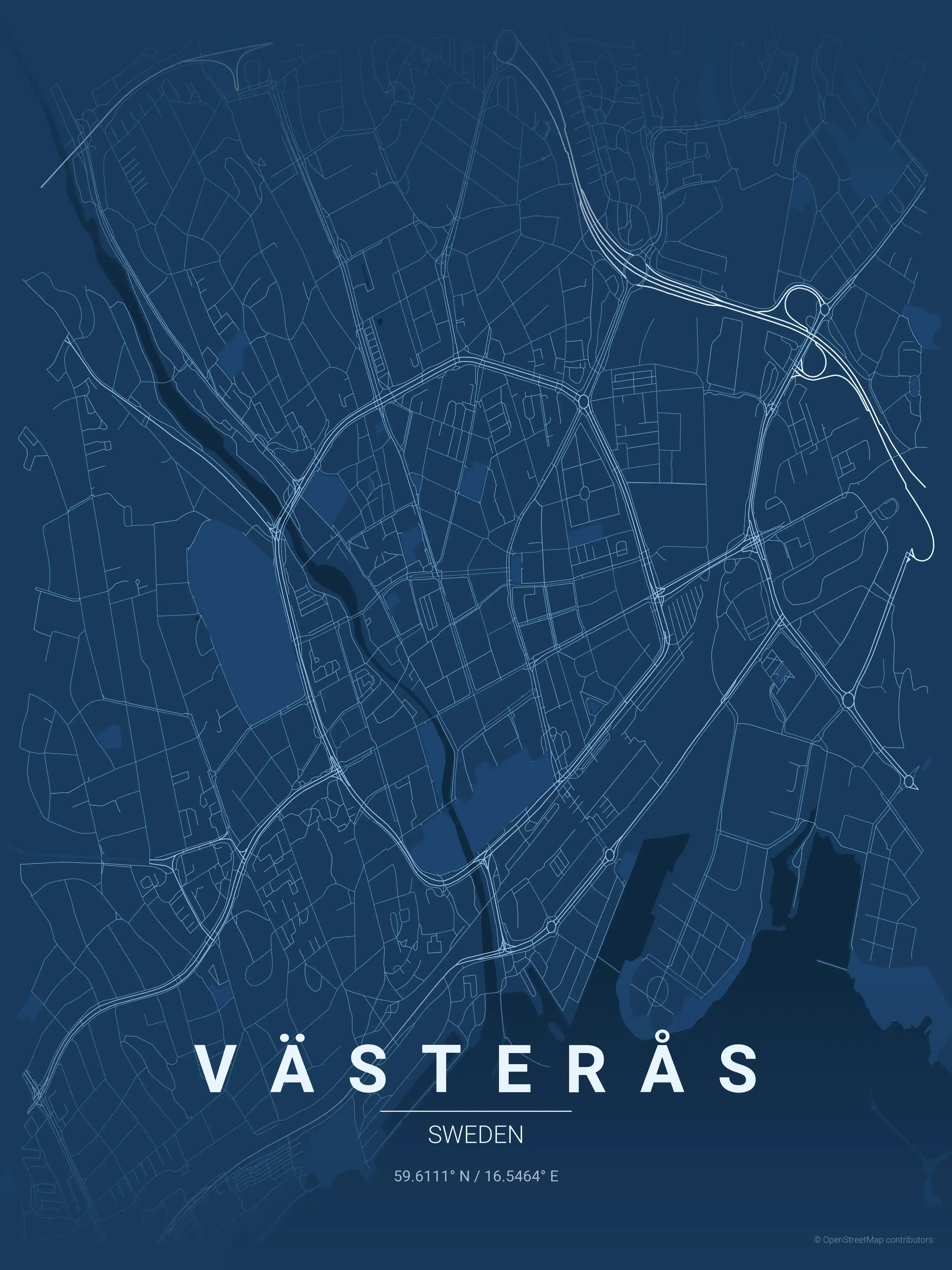 Minimalist blueprint street map of Västerås, Sweden - Urban grid art