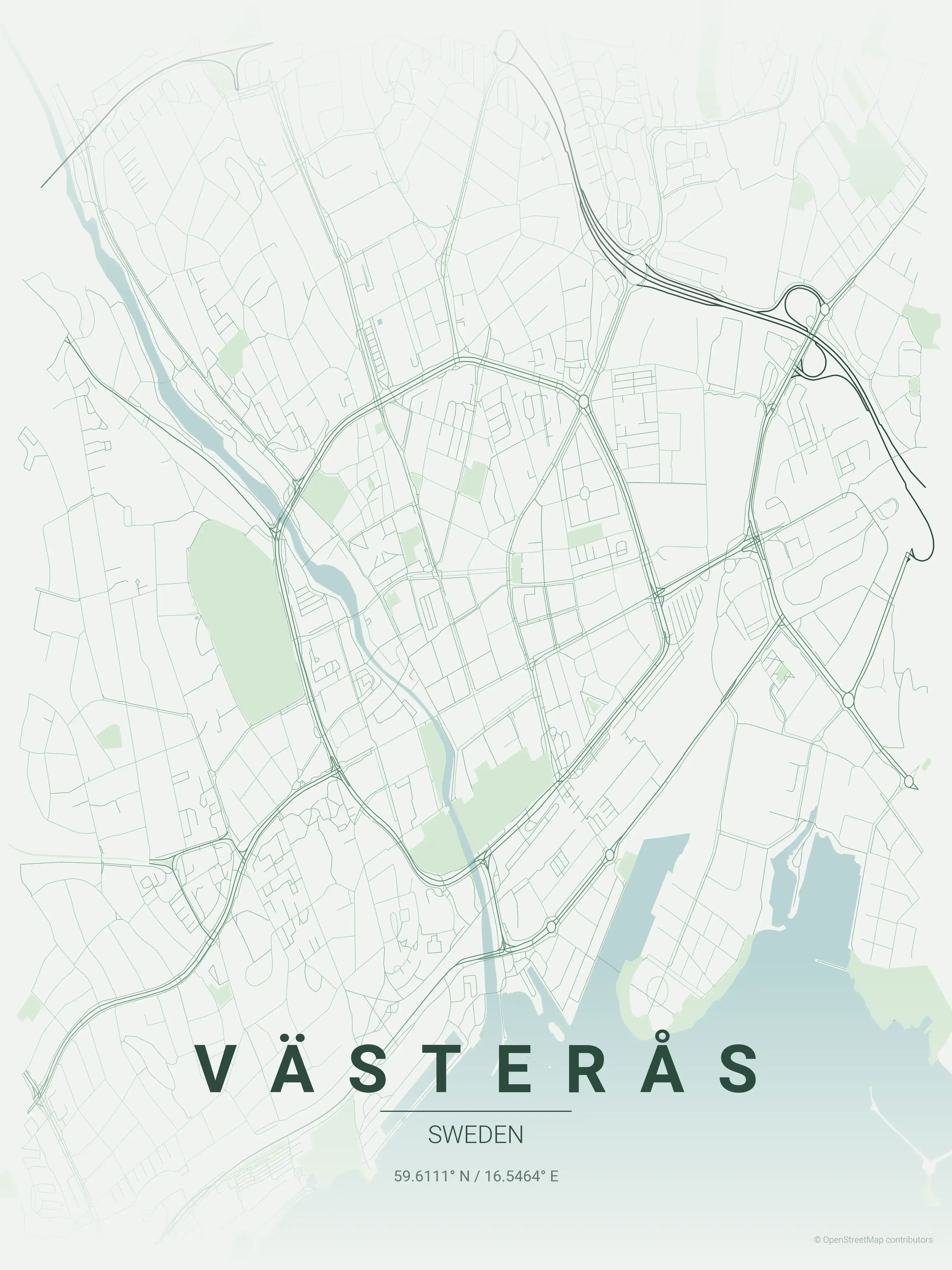 Minimalist forest street map of Västerås, Sweden - Urban grid art