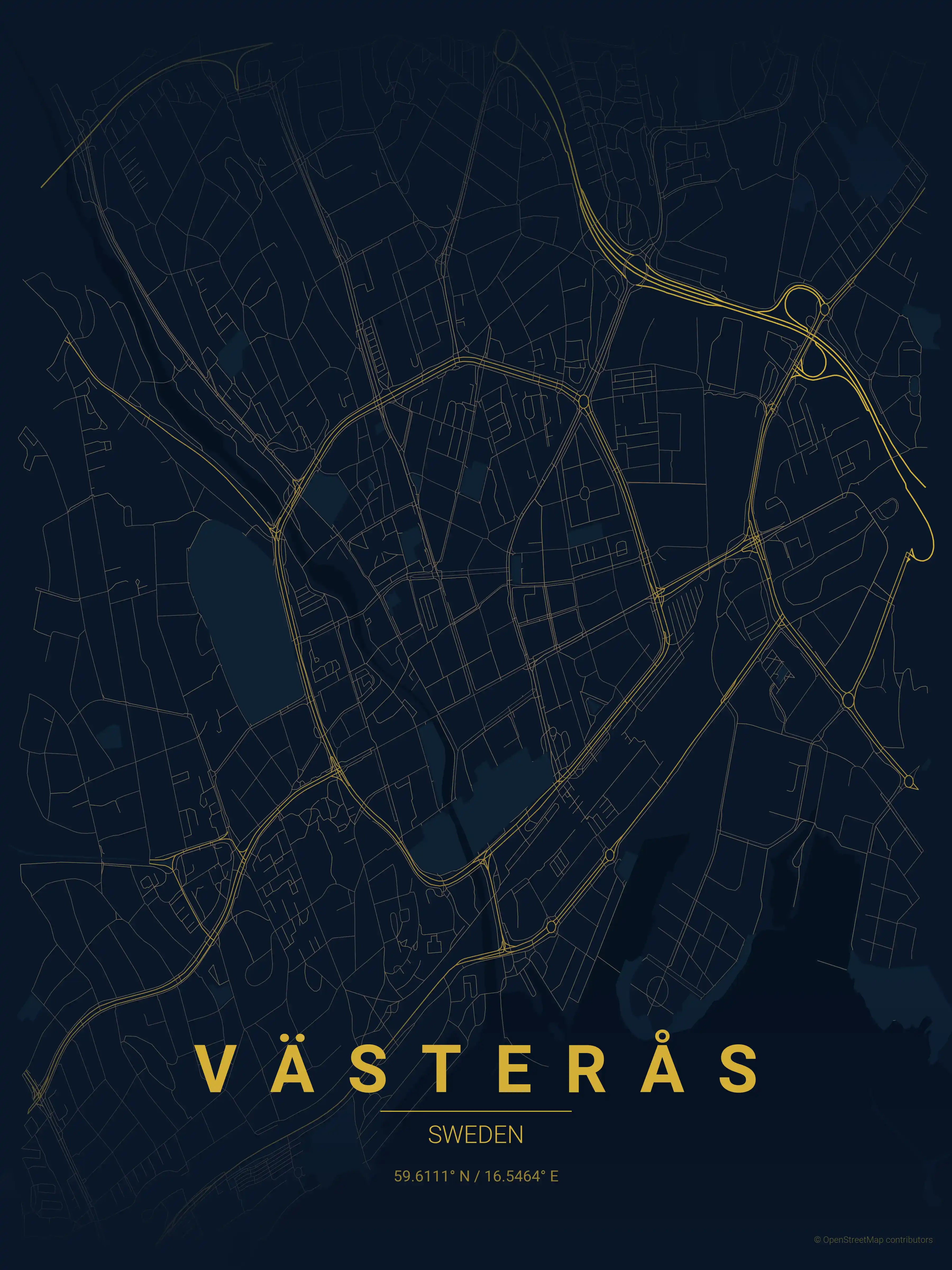Minimalist midnight_blue street map of Västerås, Sweden - Urban grid art