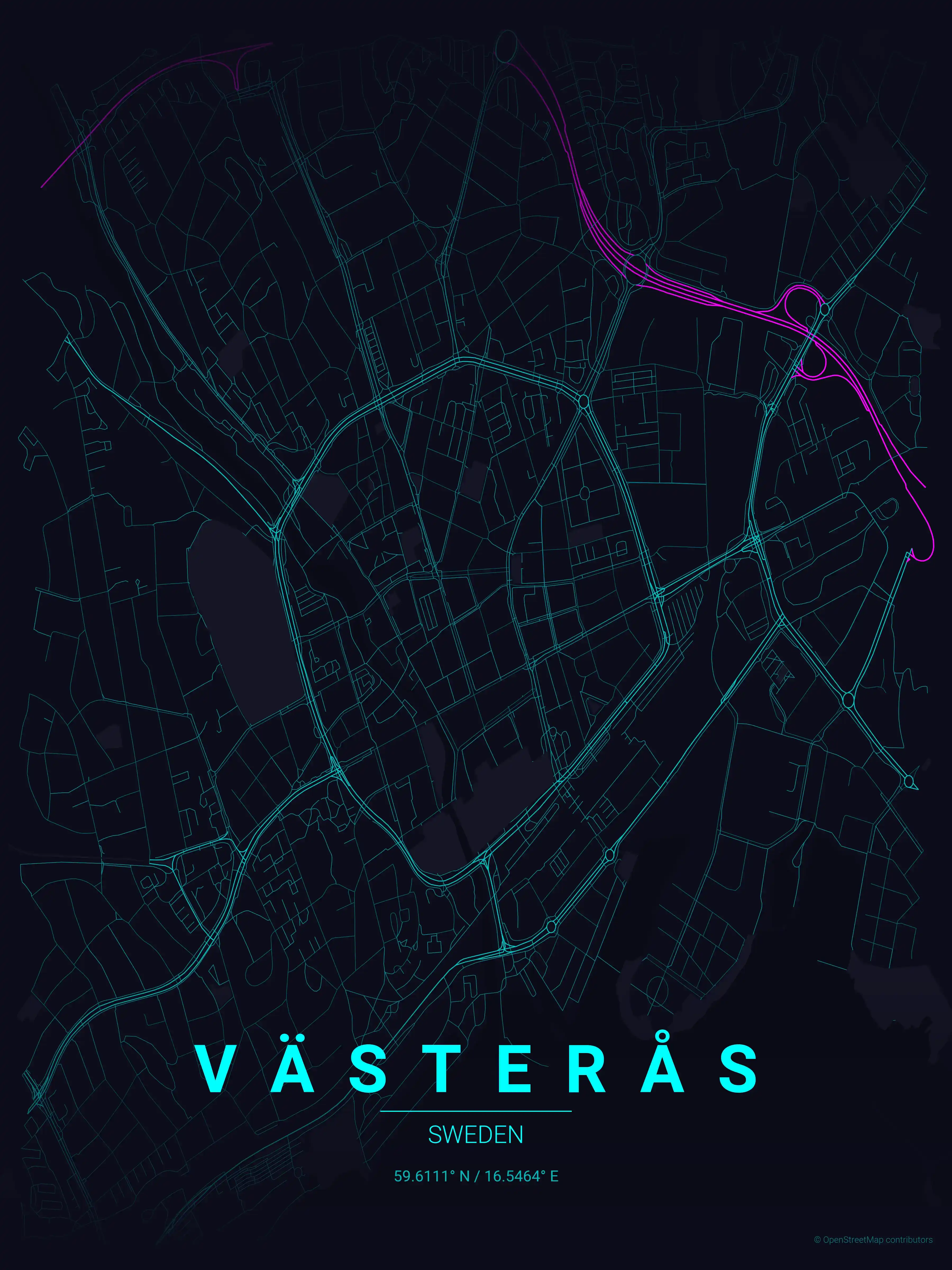 Minimalist neon_cyberpunk street map of Västerås, Sweden - Urban grid art