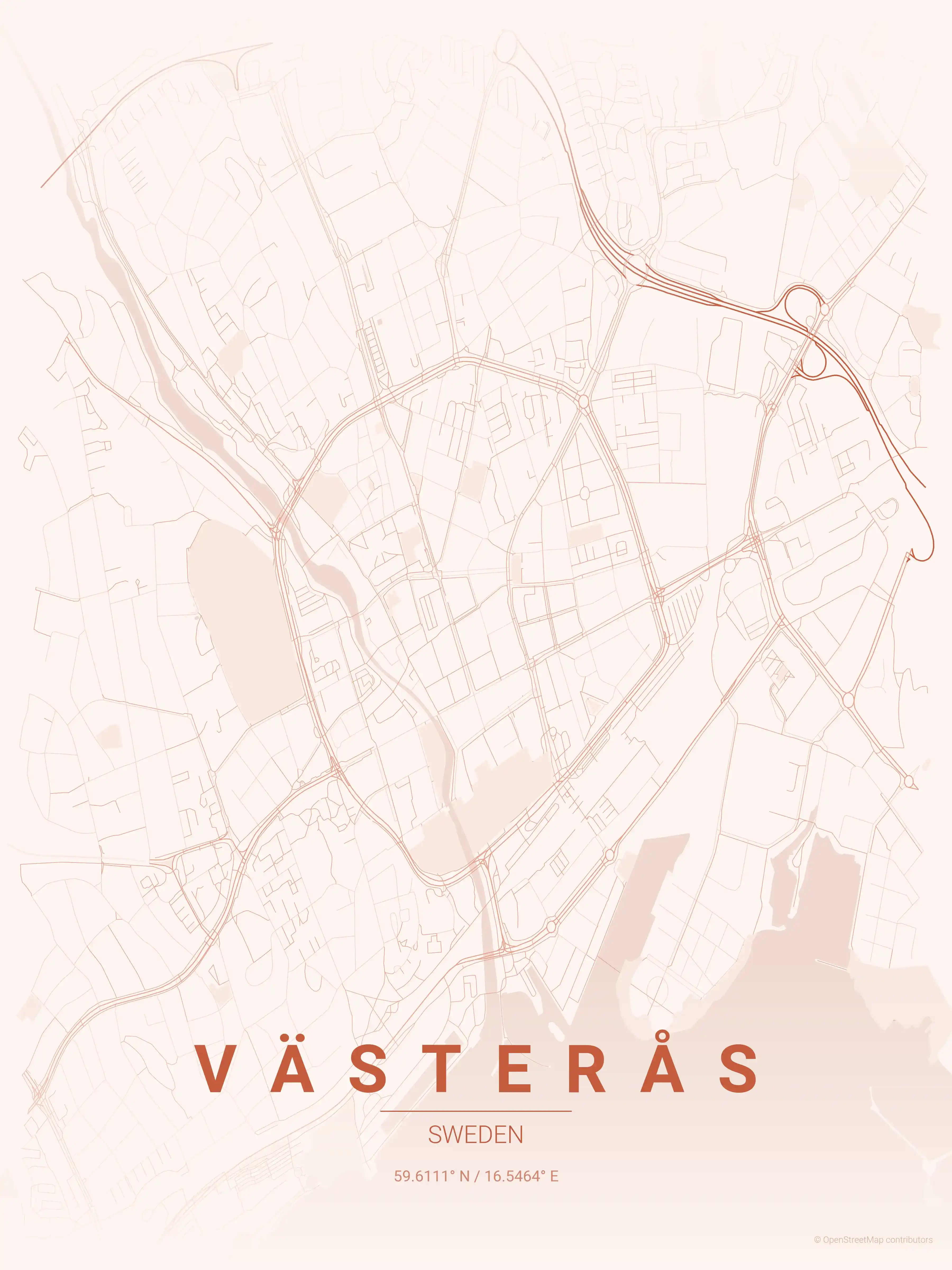 Minimalist sunset street map of Västerås, Sweden - Urban grid art