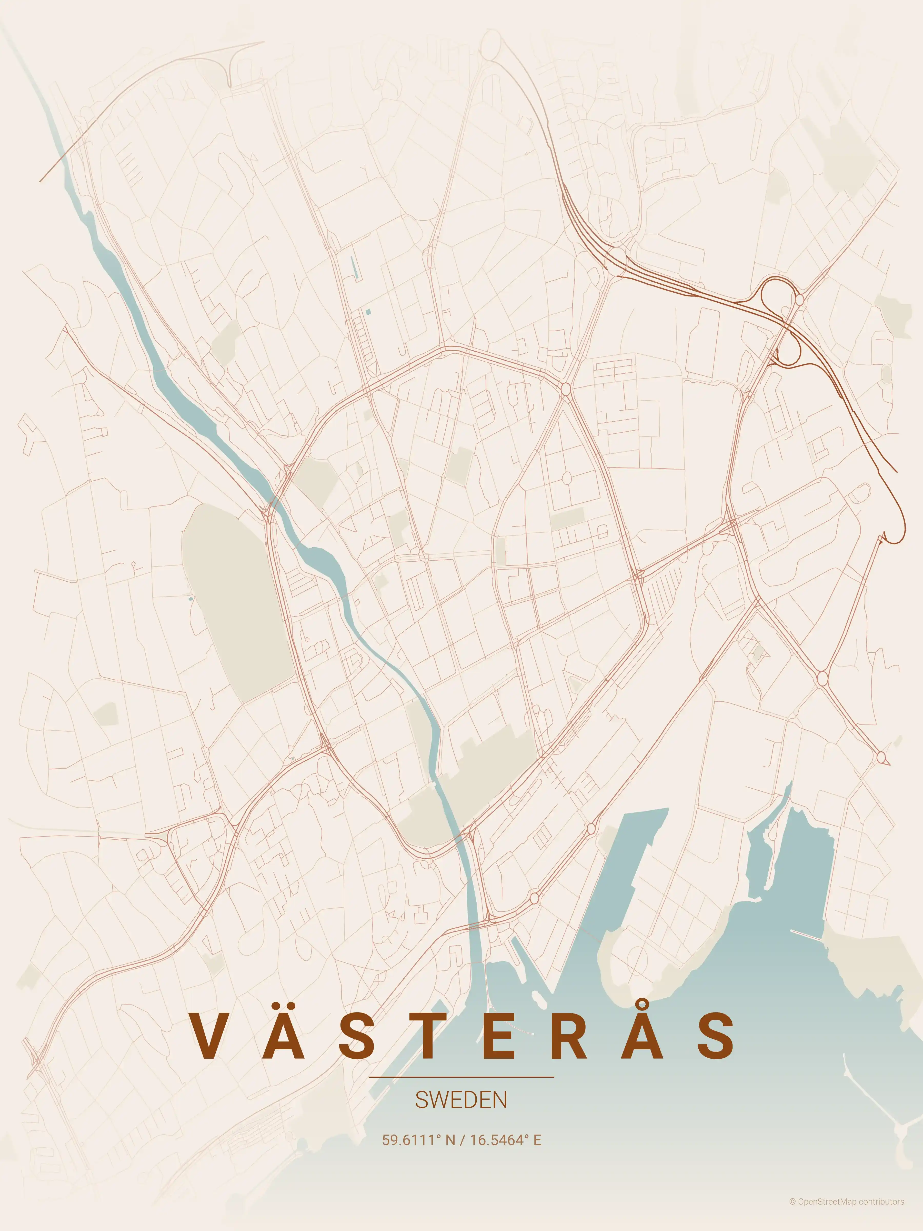 Minimalist terracotta street map of Västerås, Sweden - Urban grid art