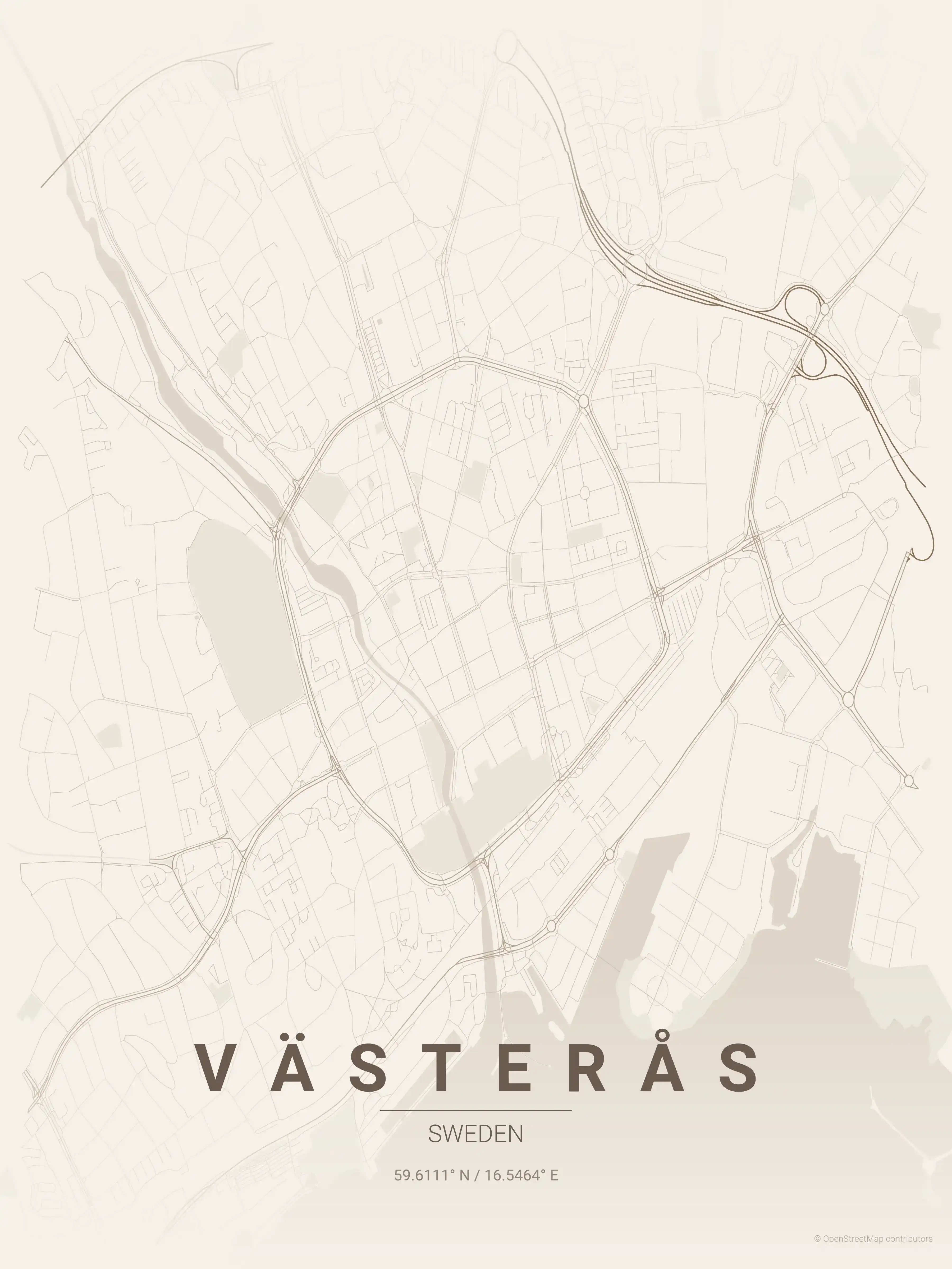 Minimalist warm_beige street map of Västerås, Sweden - Urban grid art