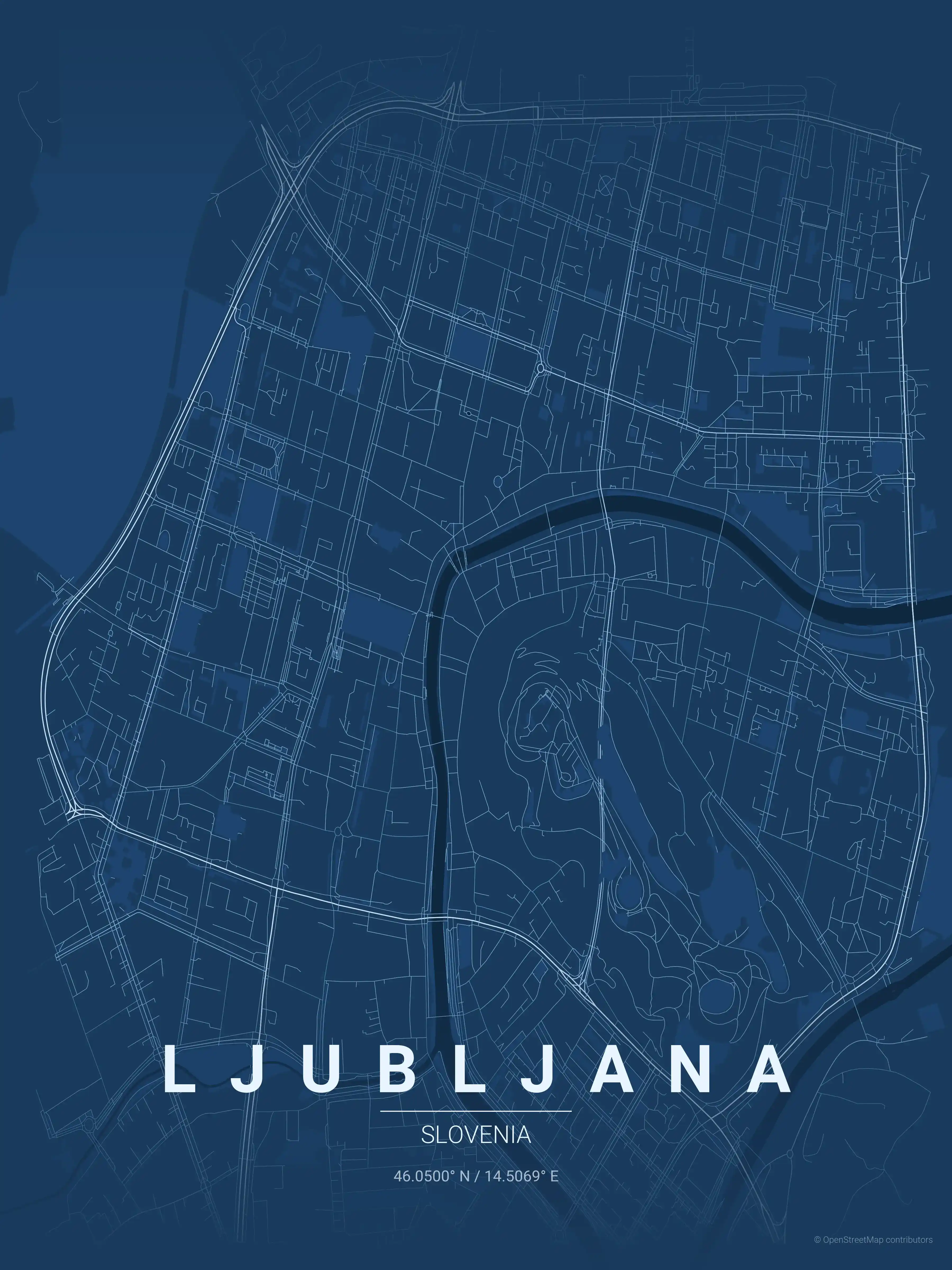 Minimalist blueprint street map of Ljubljana, Slovenia - Urban grid art