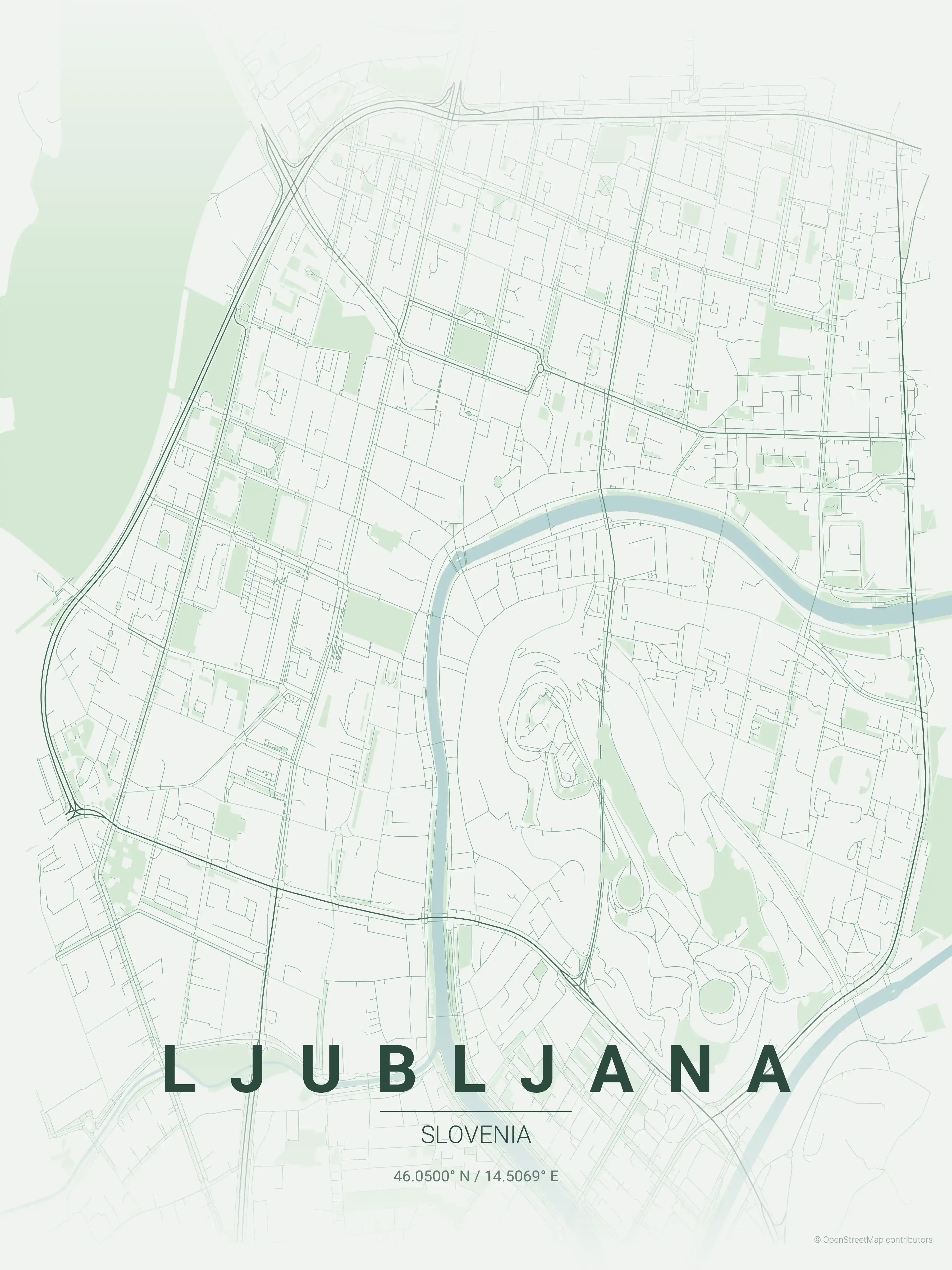 Minimalist forest street map of Ljubljana, Slovenia - Urban grid art