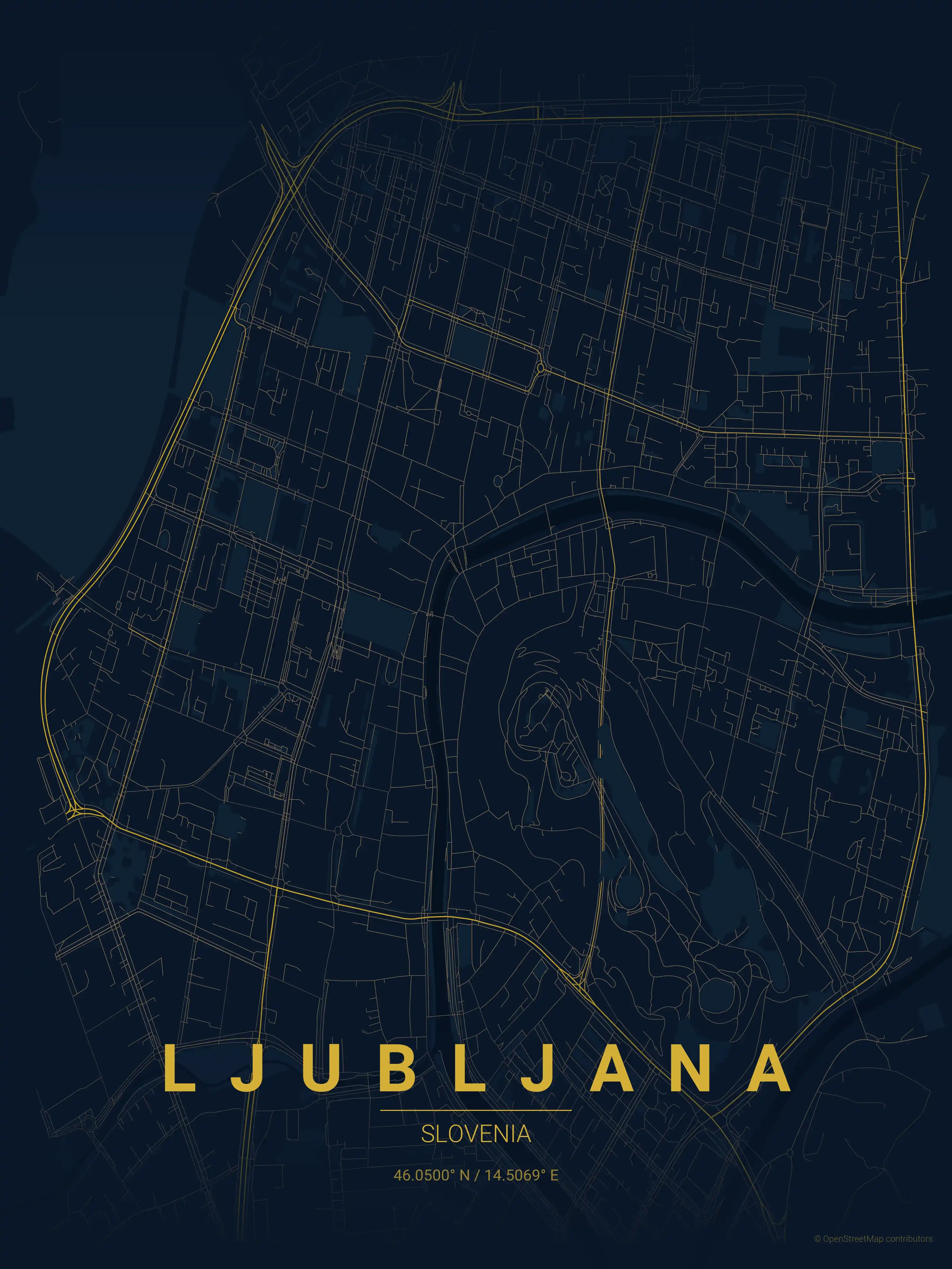 Minimalist midnight_blue street map of Ljubljana, Slovenia - Urban grid art