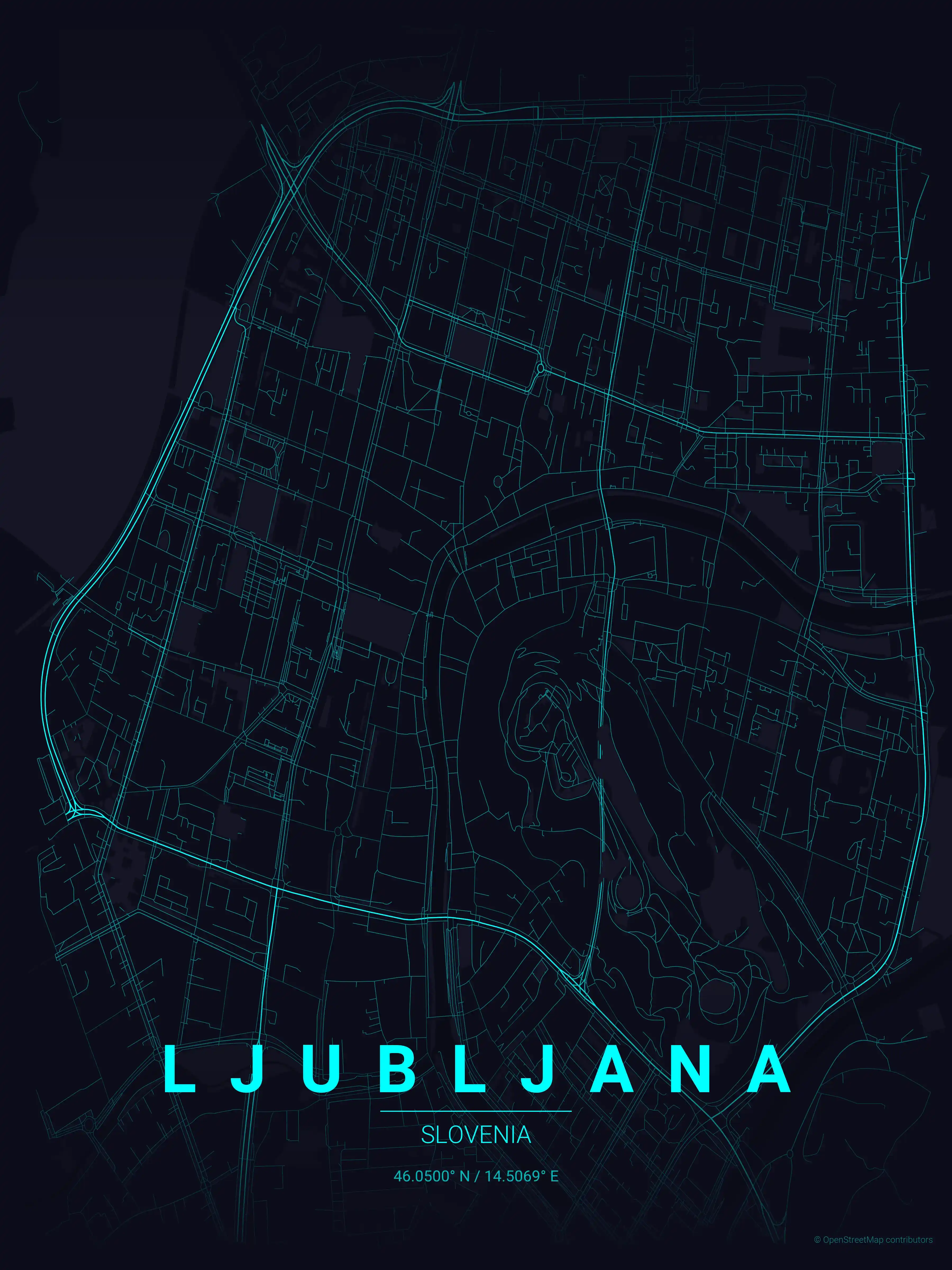 Minimalist neon_cyberpunk street map of Ljubljana, Slovenia - Urban grid art