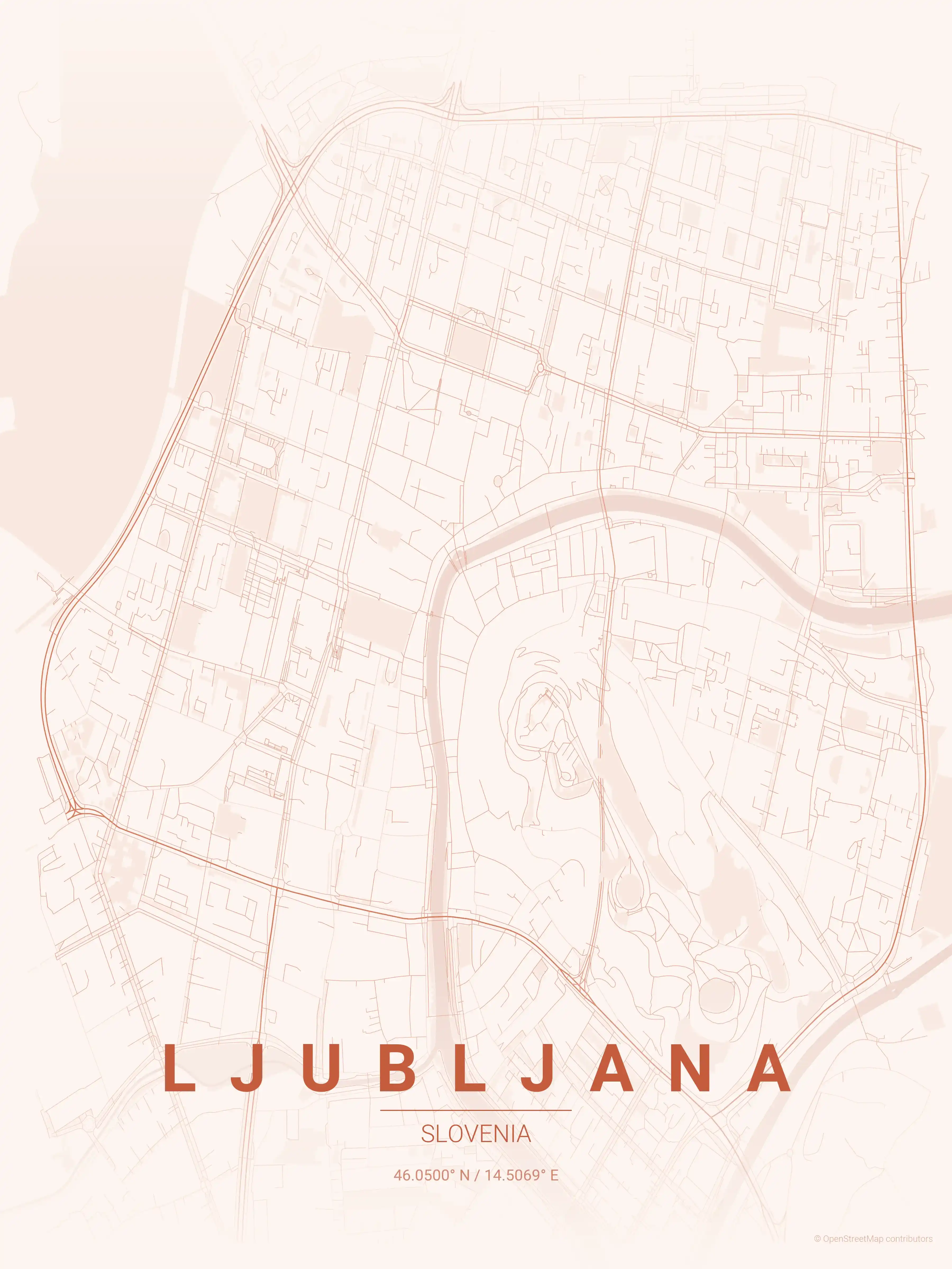 Minimalist sunset street map of Ljubljana, Slovenia - Urban grid art