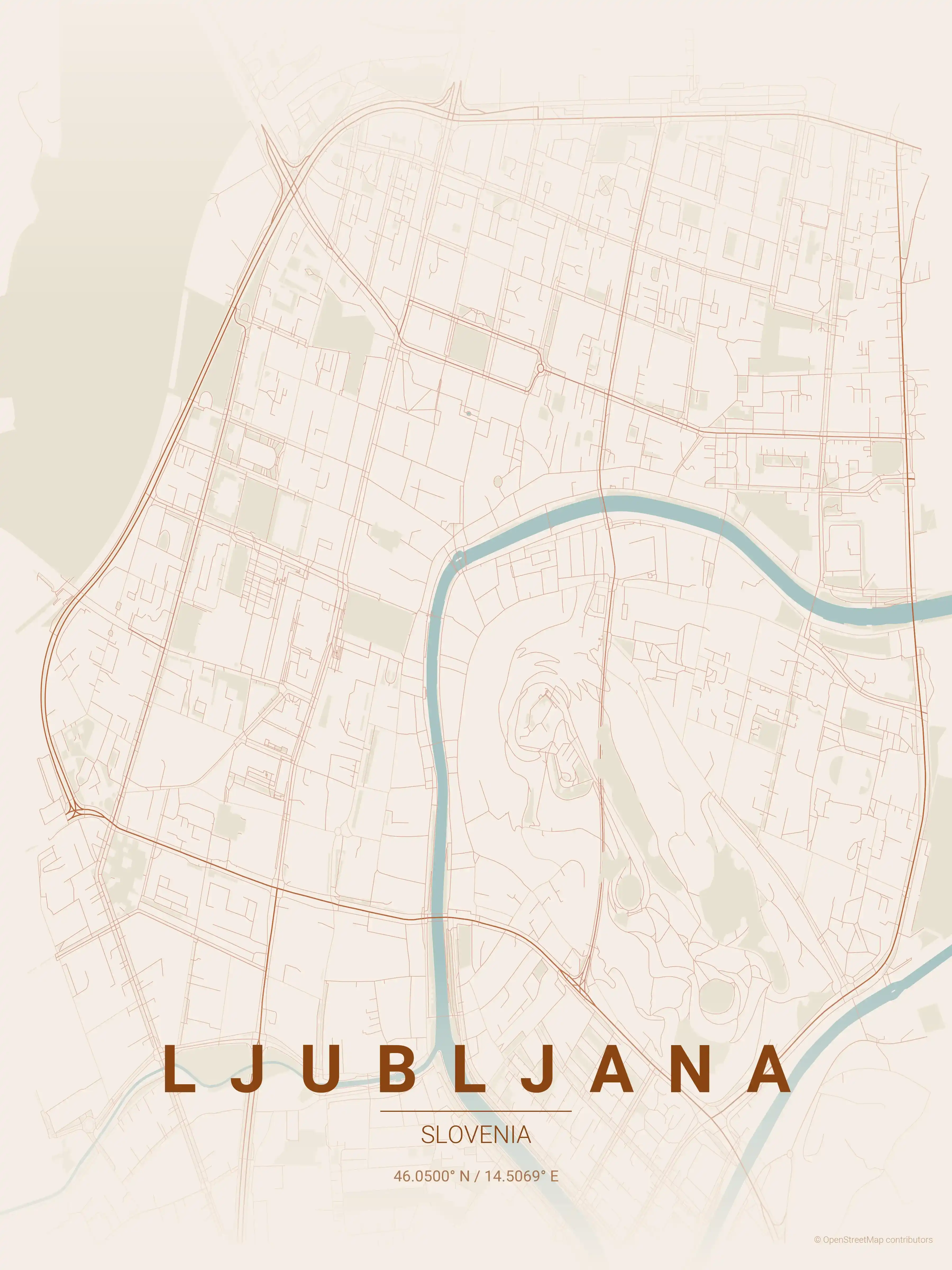 Minimalist terracotta street map of Ljubljana, Slovenia - Urban grid art