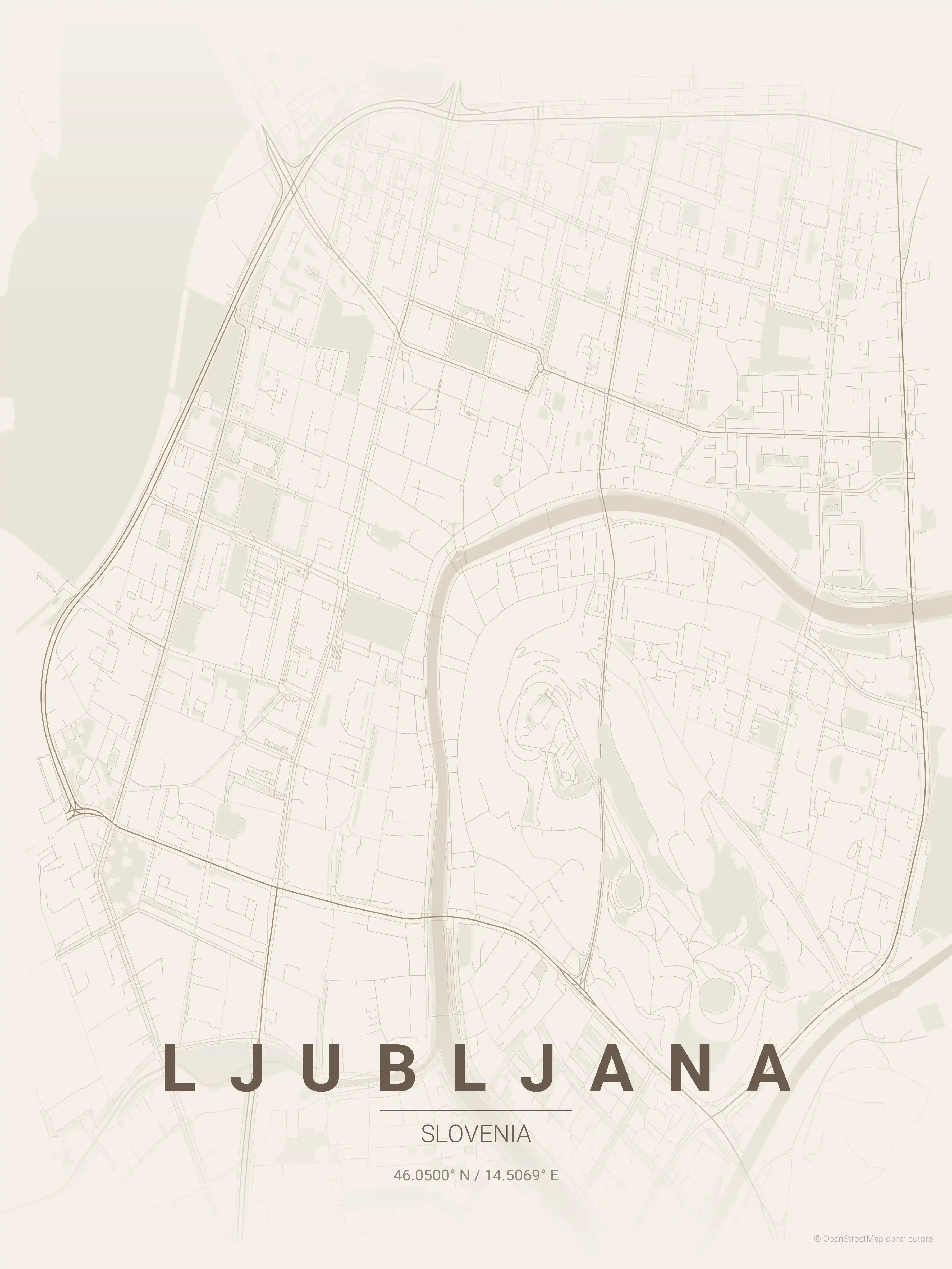 Minimalist warm_beige street map of Ljubljana, Slovenia - Urban grid art