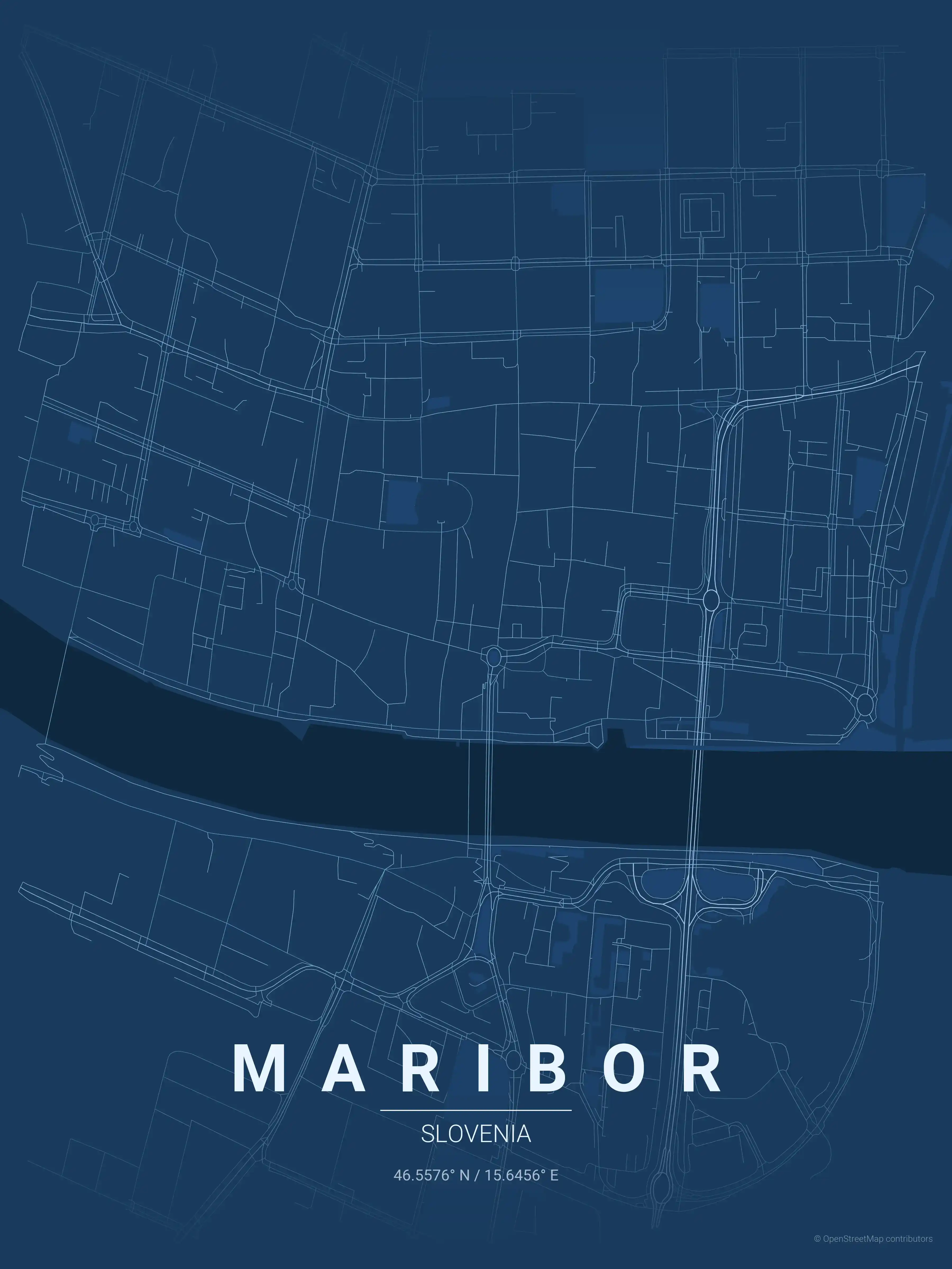 Minimalist blueprint street map of Maribor, Slovenia - Urban grid art