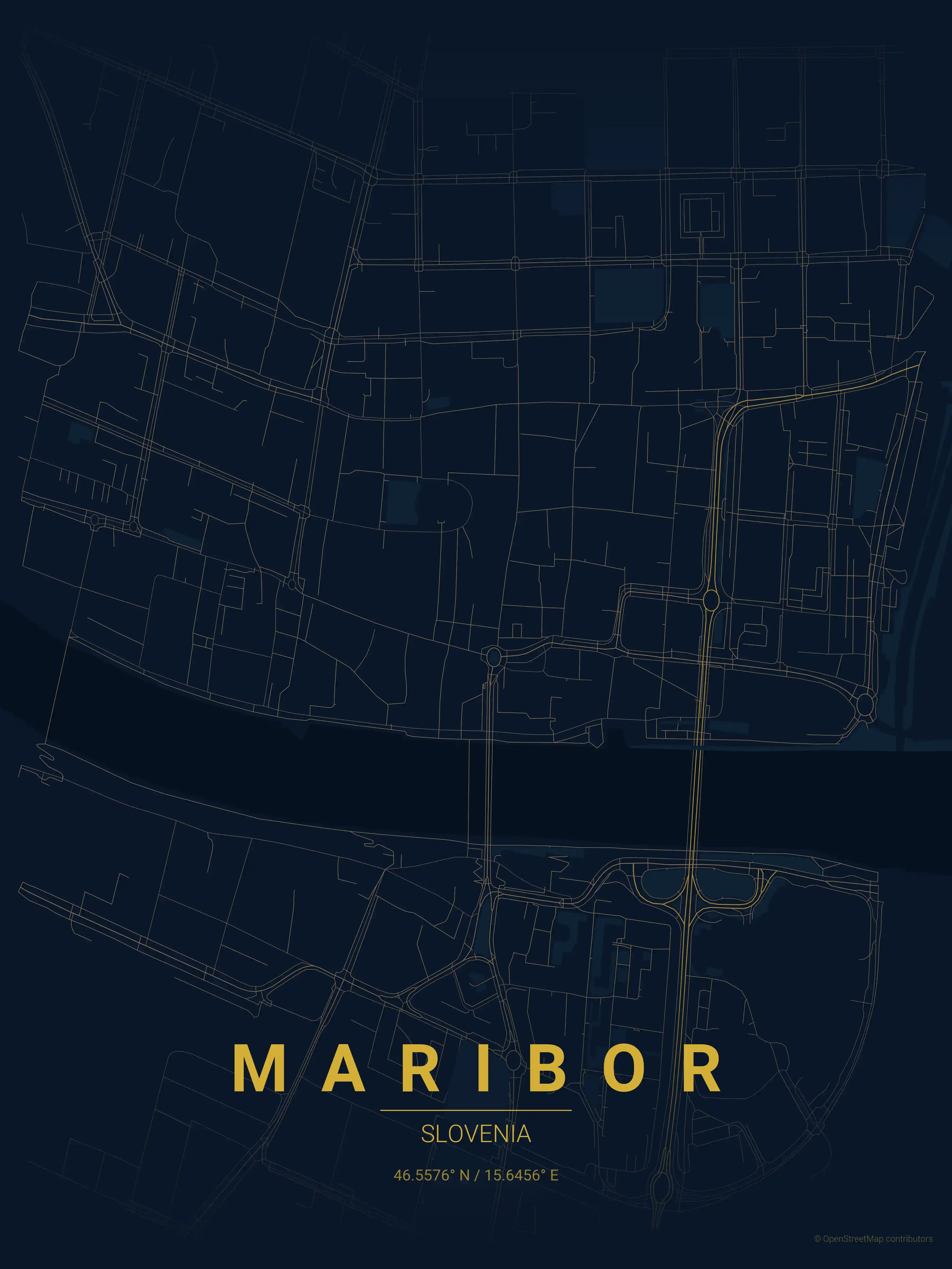 Minimalist midnight_blue street map of Maribor, Slovenia - Urban grid art