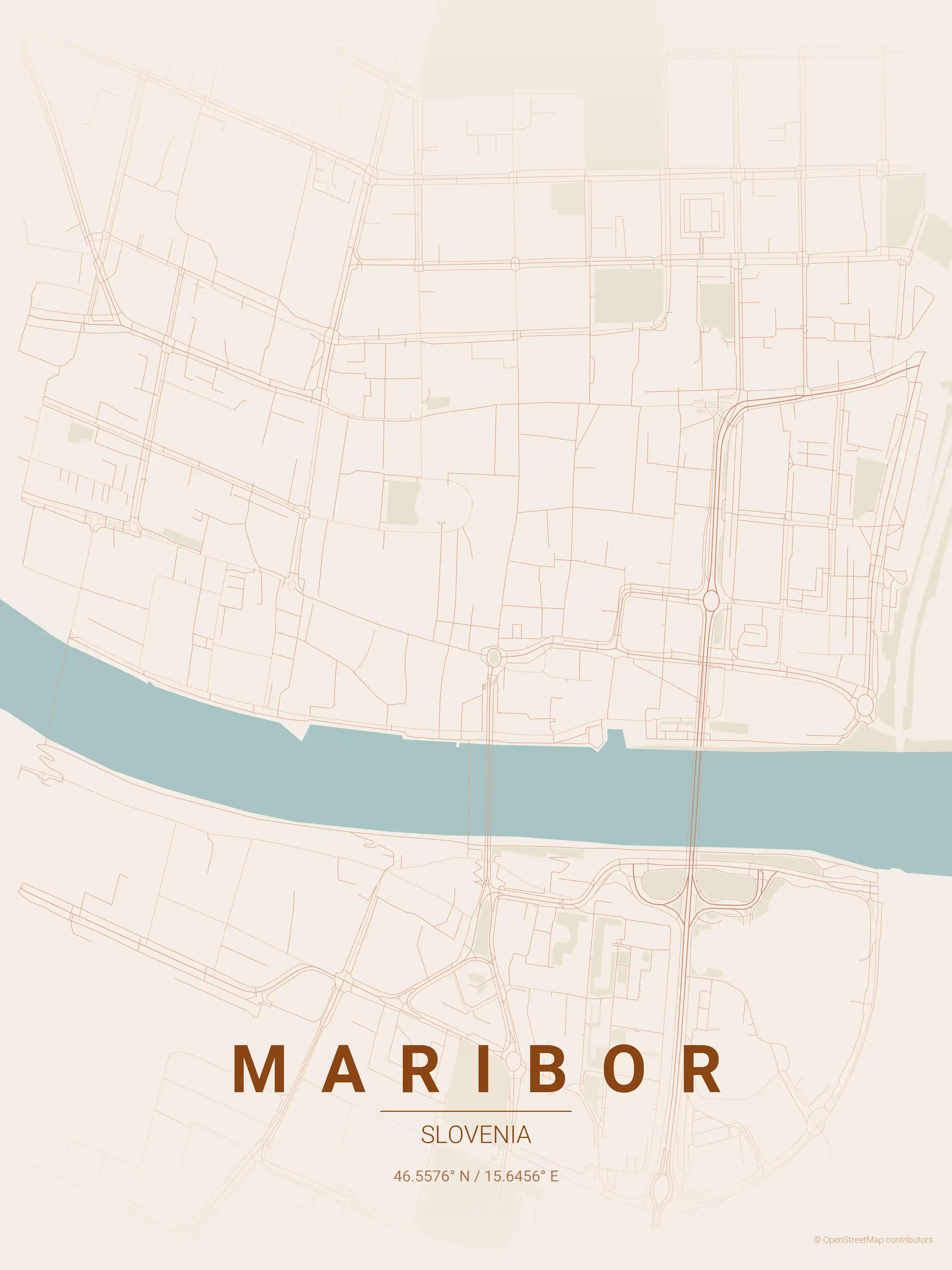 Minimalist terracotta street map of Maribor, Slovenia - Urban grid art