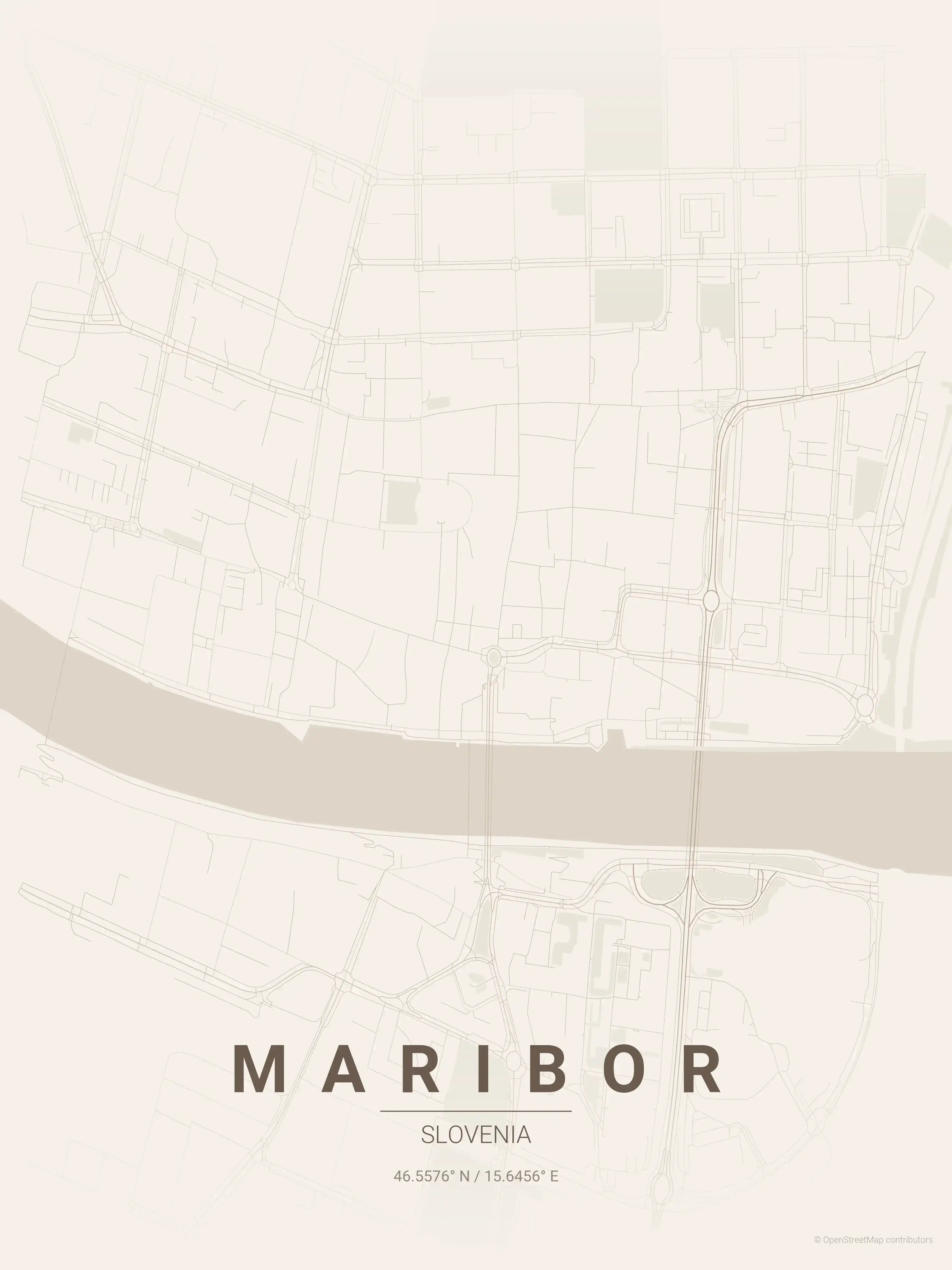 Minimalist warm_beige street map of Maribor, Slovenia - Urban grid art