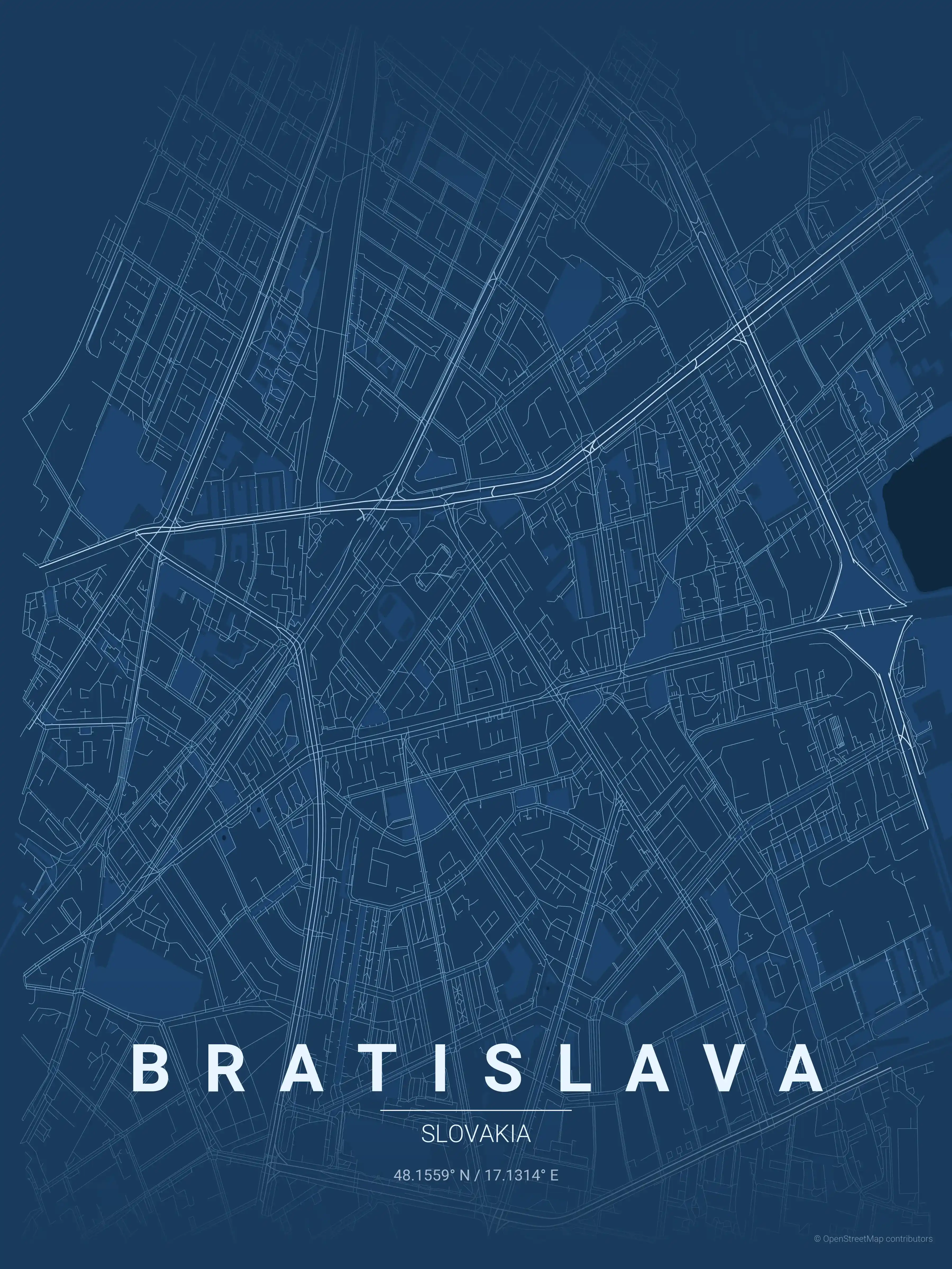 Minimalist blueprint street map of Bratislava, Slovakia - Urban grid art