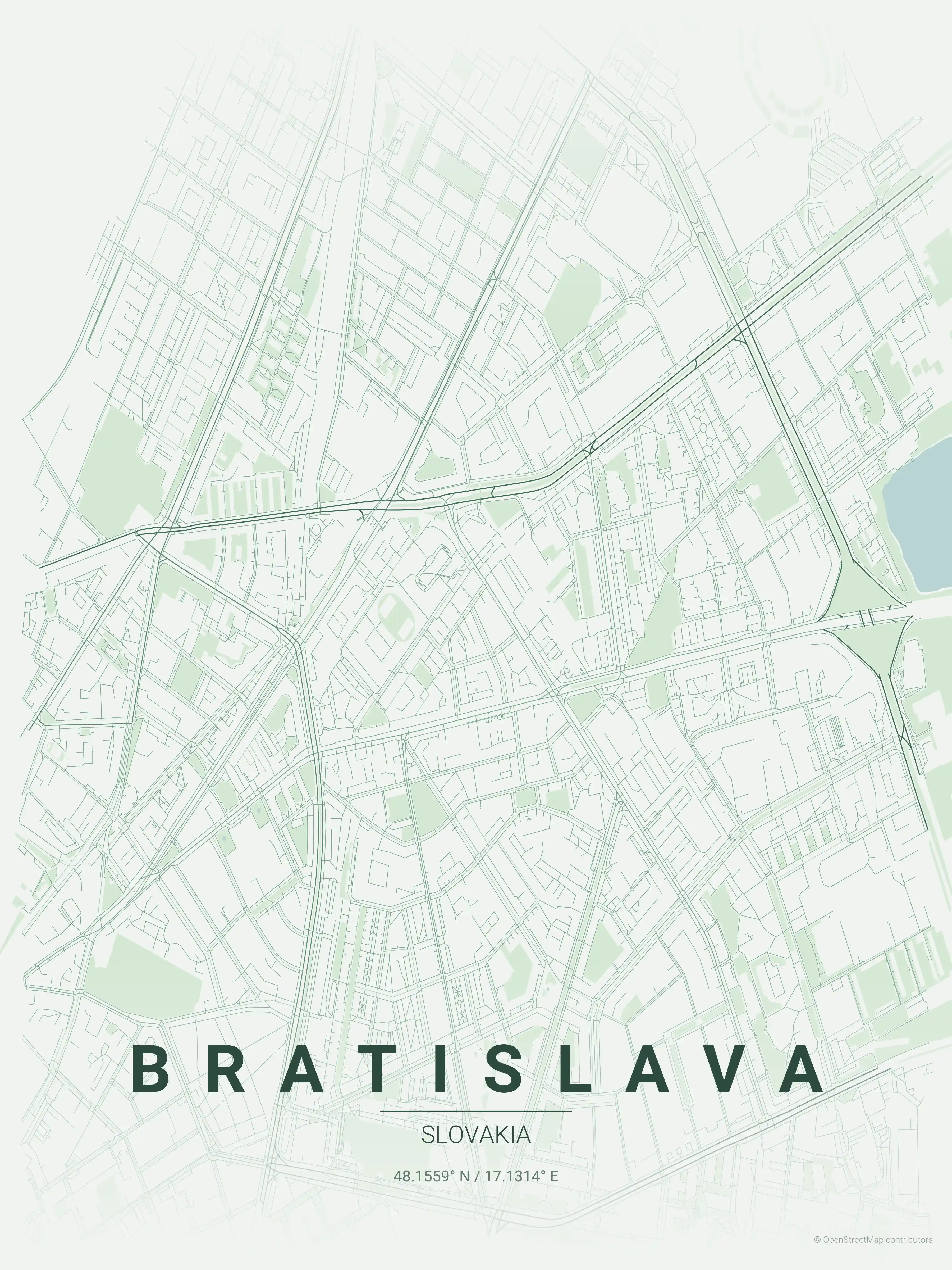 Minimalist forest street map of Bratislava, Slovakia - Urban grid art