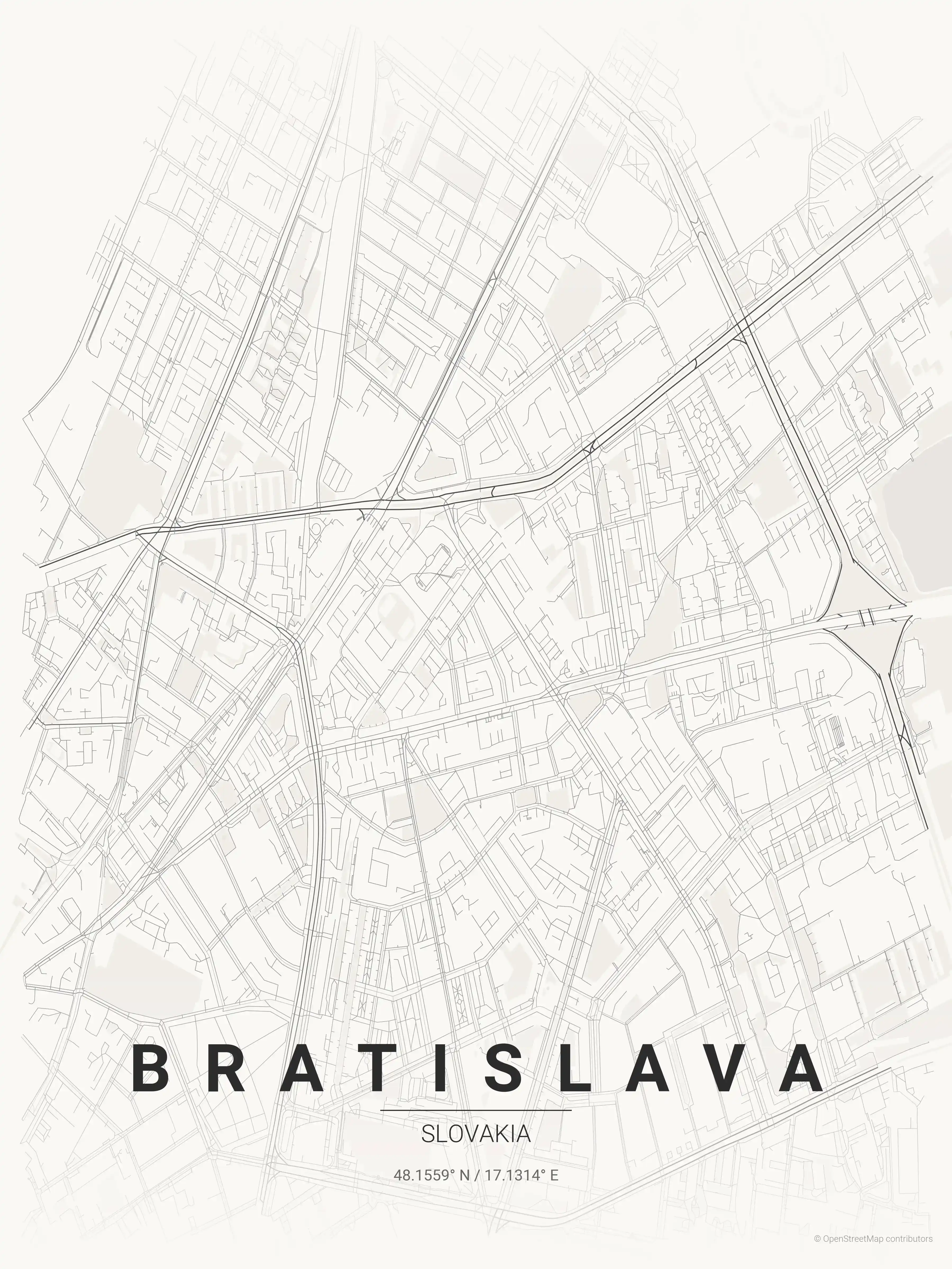 Minimalist japanese_ink street map of Bratislava, Slovakia - Urban grid art
