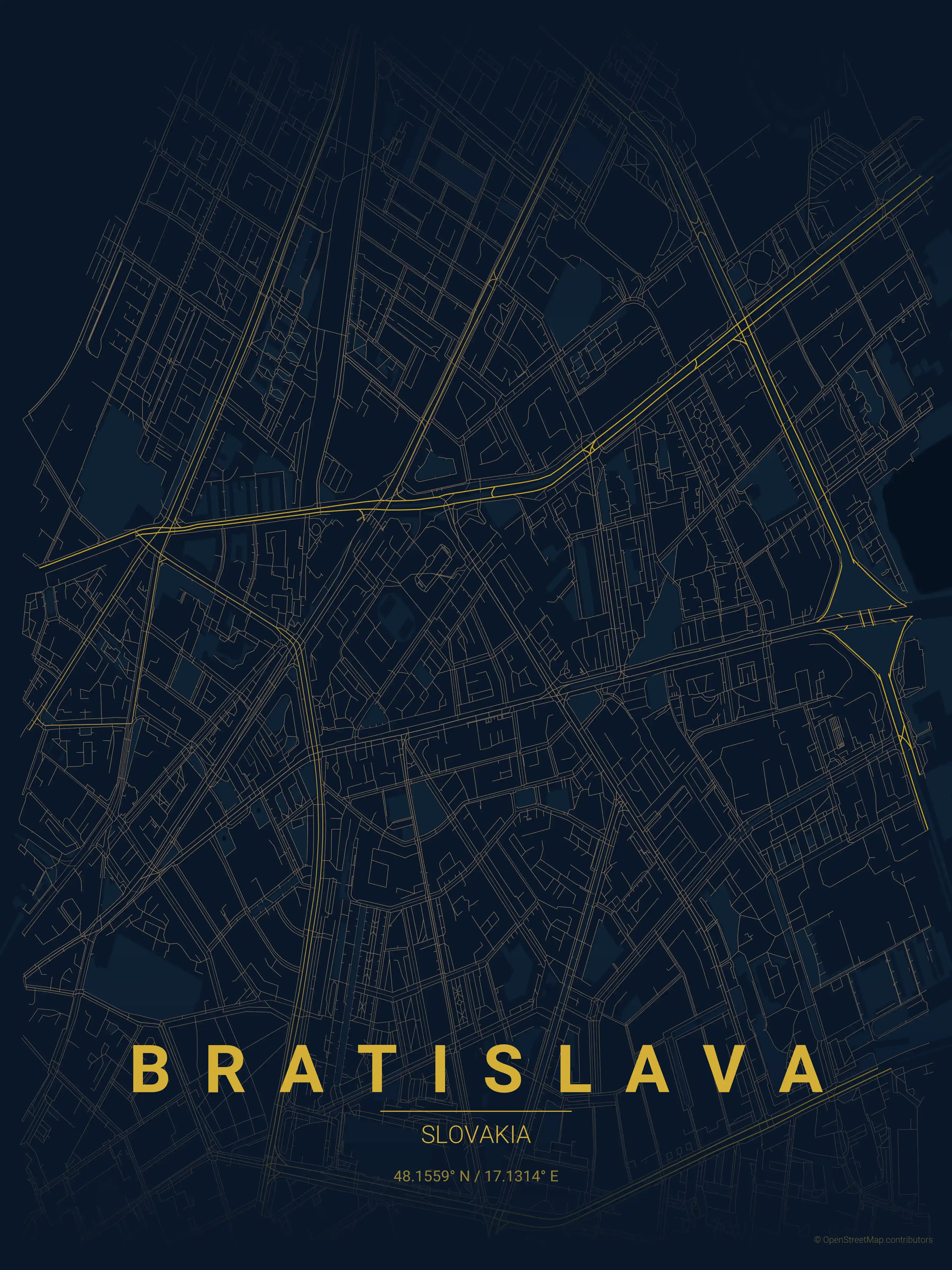 Minimalist midnight_blue street map of Bratislava, Slovakia - Urban grid art