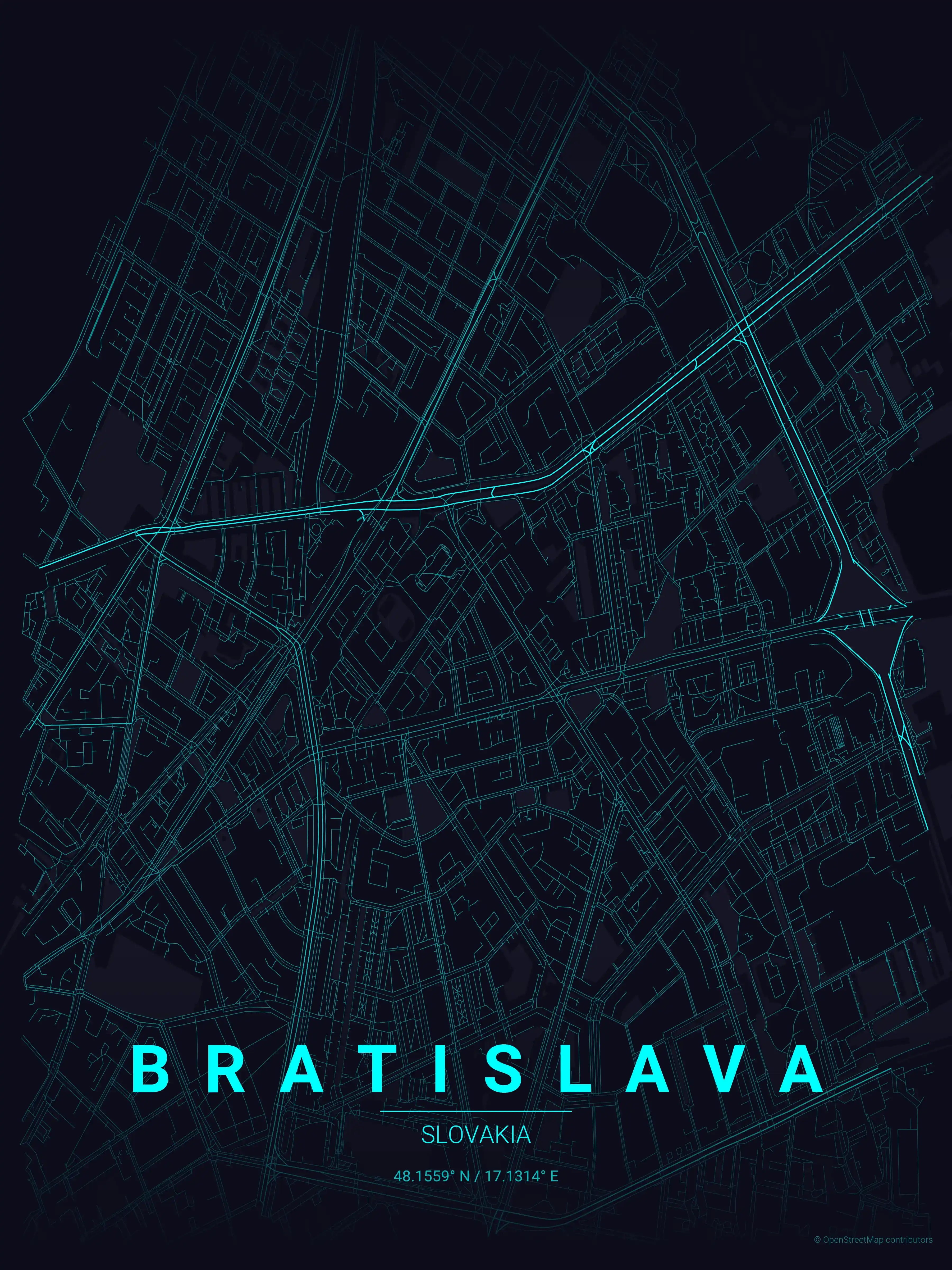 Minimalist neon_cyberpunk street map of Bratislava, Slovakia - Urban grid art