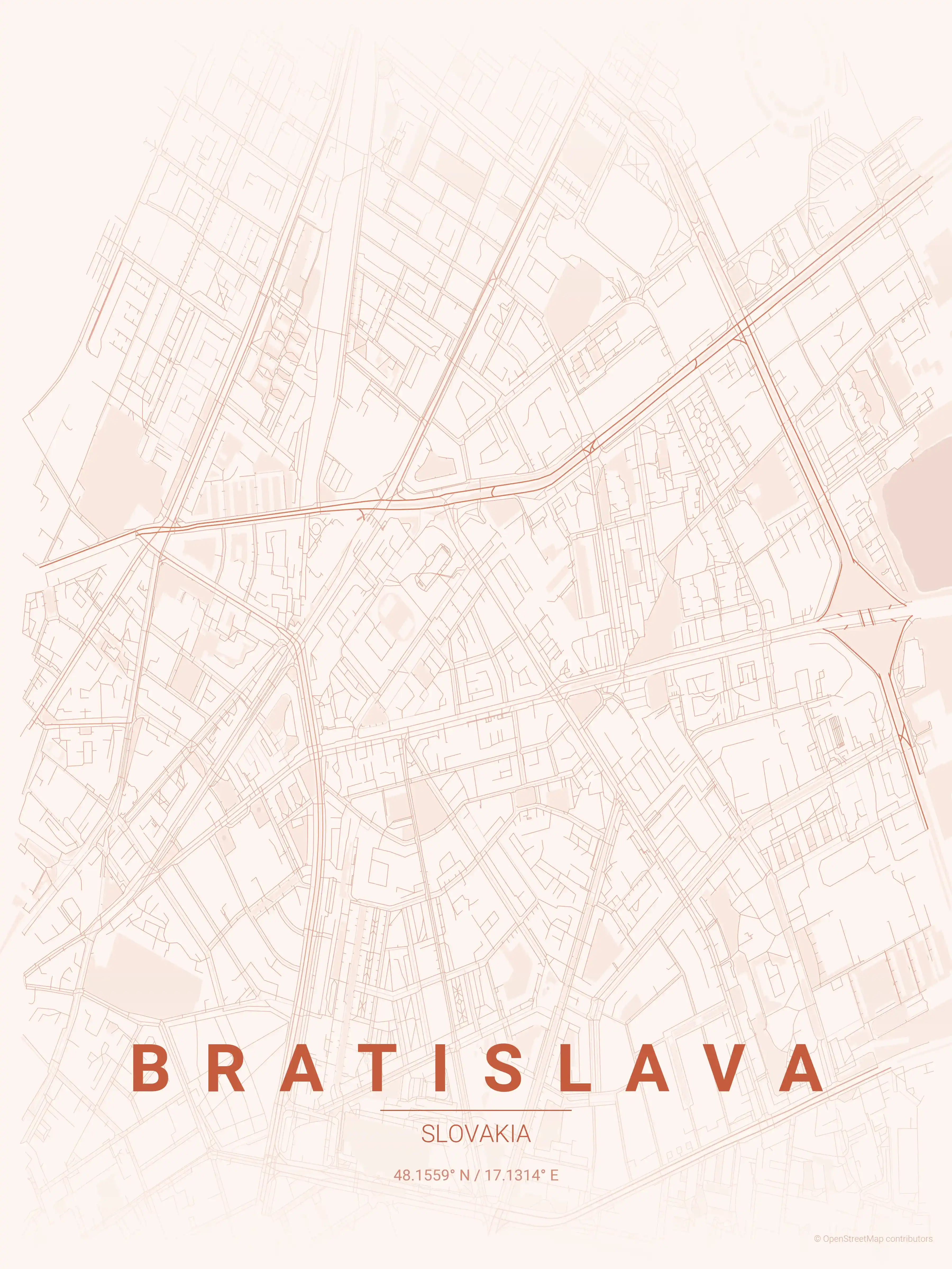 Minimalist sunset street map of Bratislava, Slovakia - Urban grid art