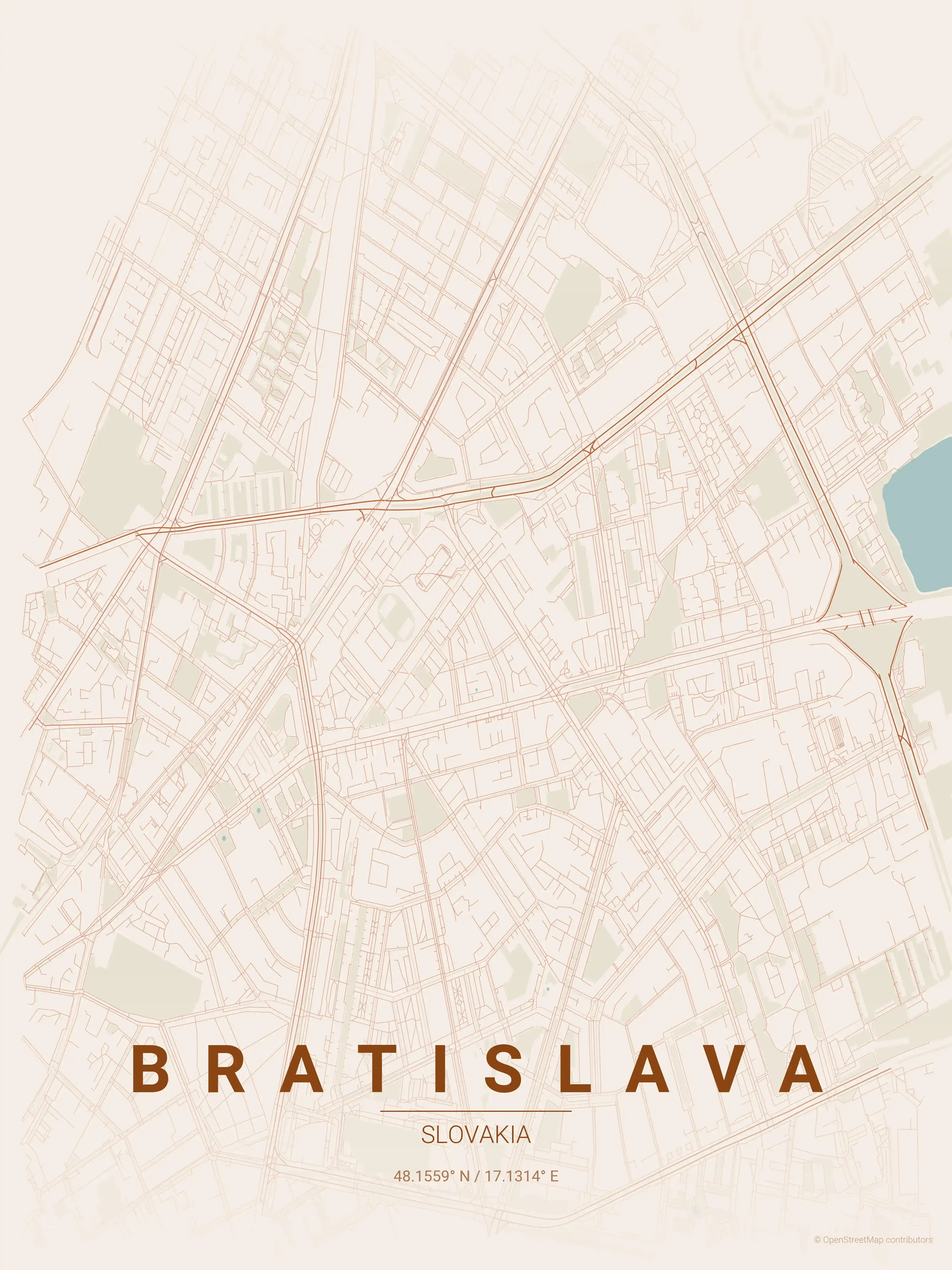 Minimalist terracotta street map of Bratislava, Slovakia - Urban grid art