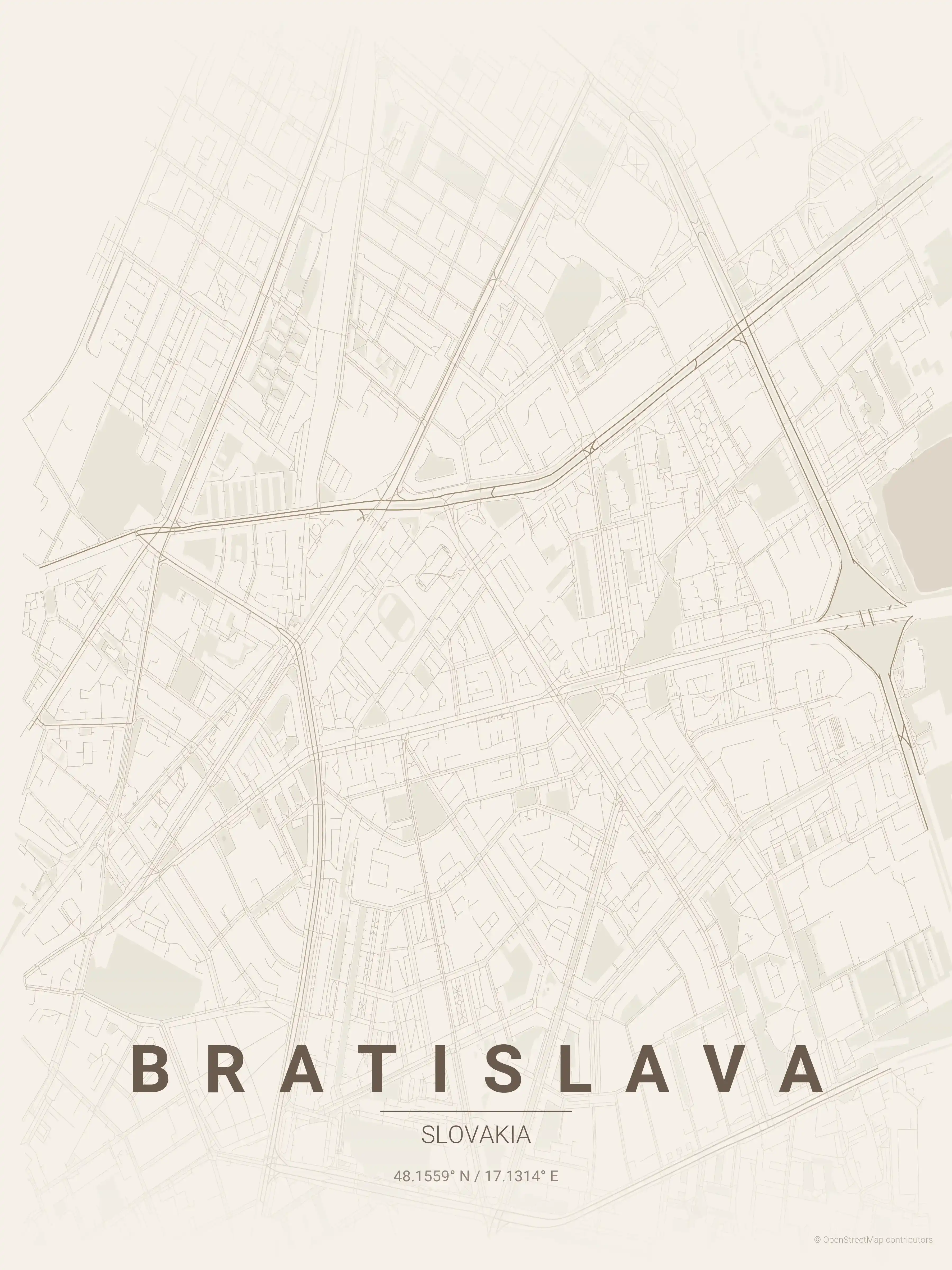 Minimalist warm_beige street map of Bratislava, Slovakia - Urban grid art