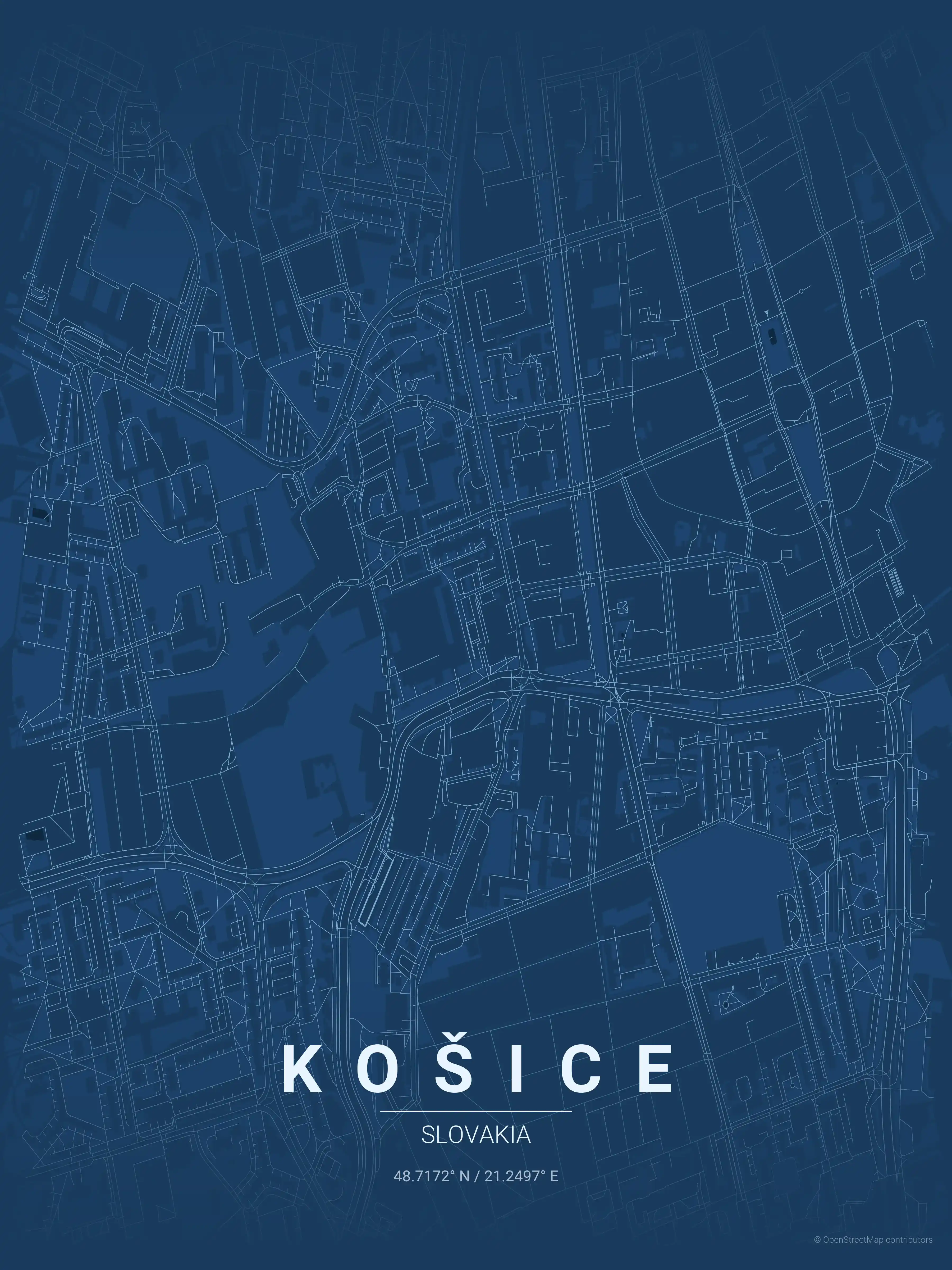 Minimalist blueprint street map of Košice, Slovakia - Urban grid art