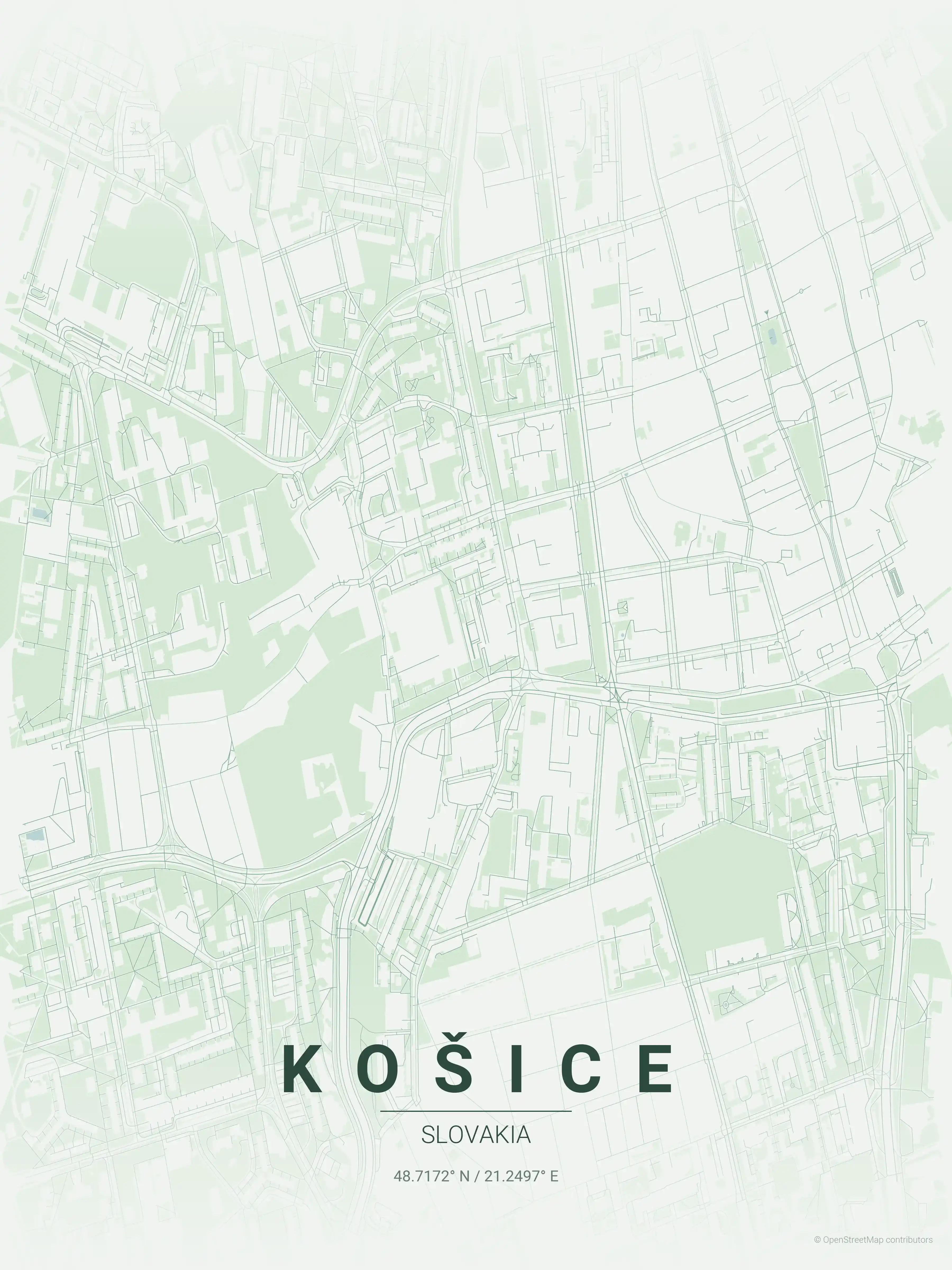 Minimalist forest street map of Košice, Slovakia - Urban grid art