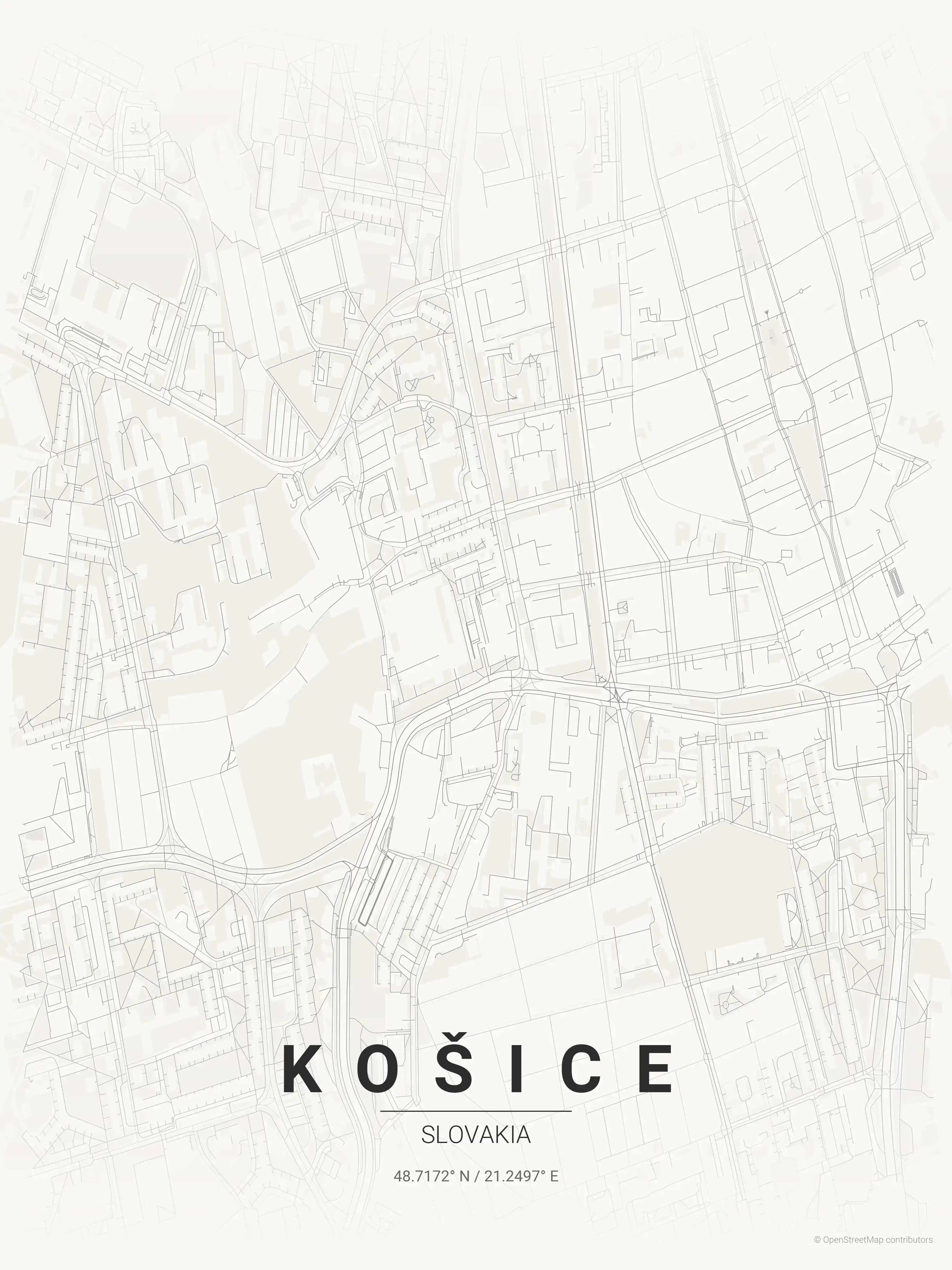 Minimalist japanese_ink street map of Košice, Slovakia - Urban grid art