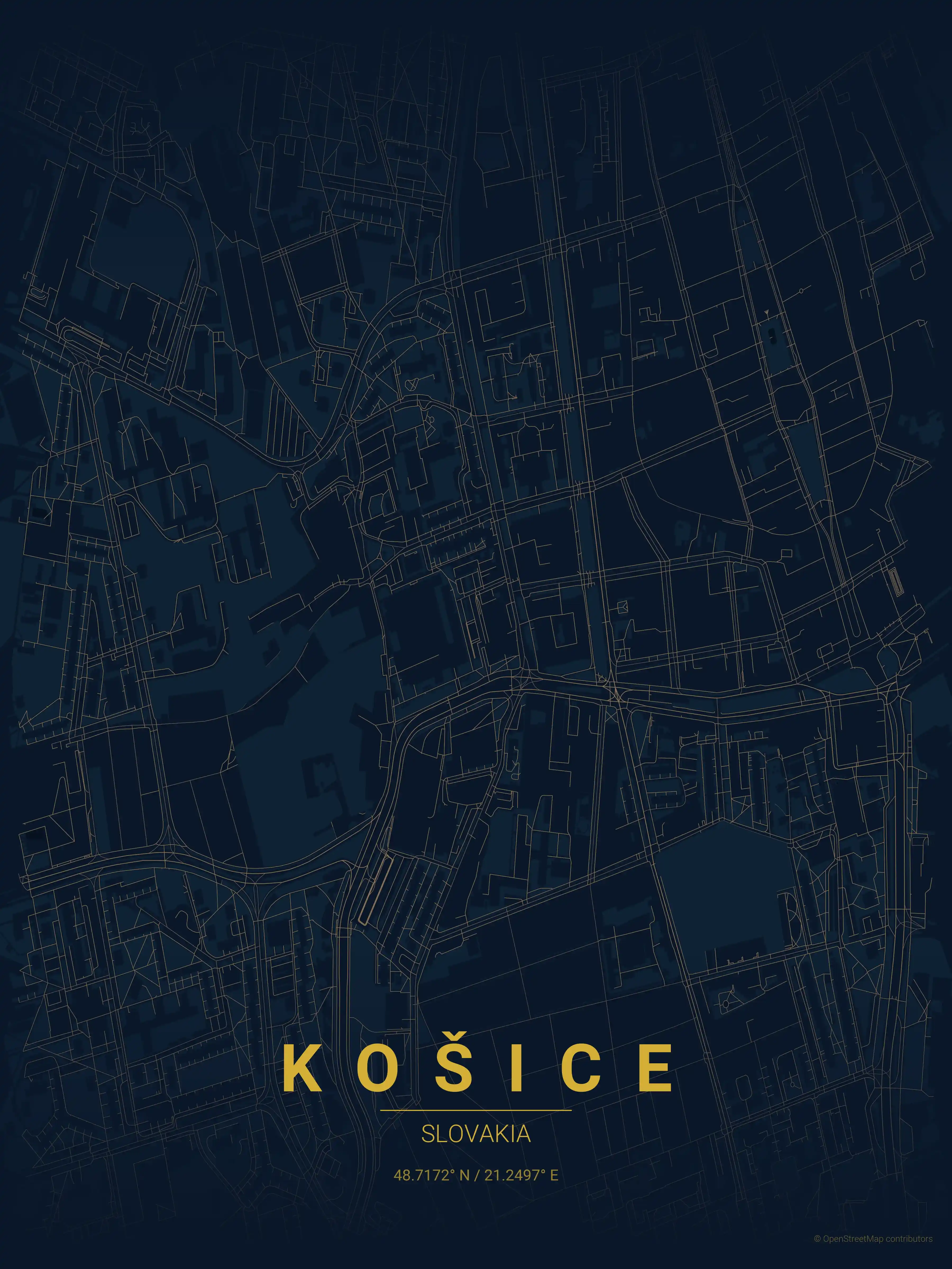 Minimalist midnight_blue street map of Košice, Slovakia - Urban grid art